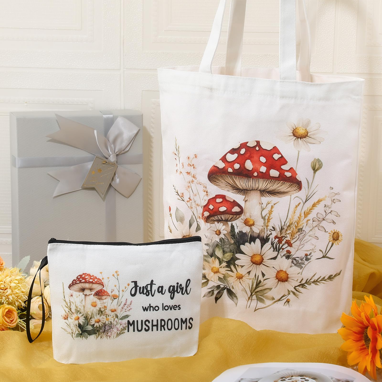 Sieral 2 Pcs Mushroom Gifts for Women Mushroom Lover Gifts Travel Cosmetic Bags Portable Makeup Zipper Pouch & Canvas Tote Bag f