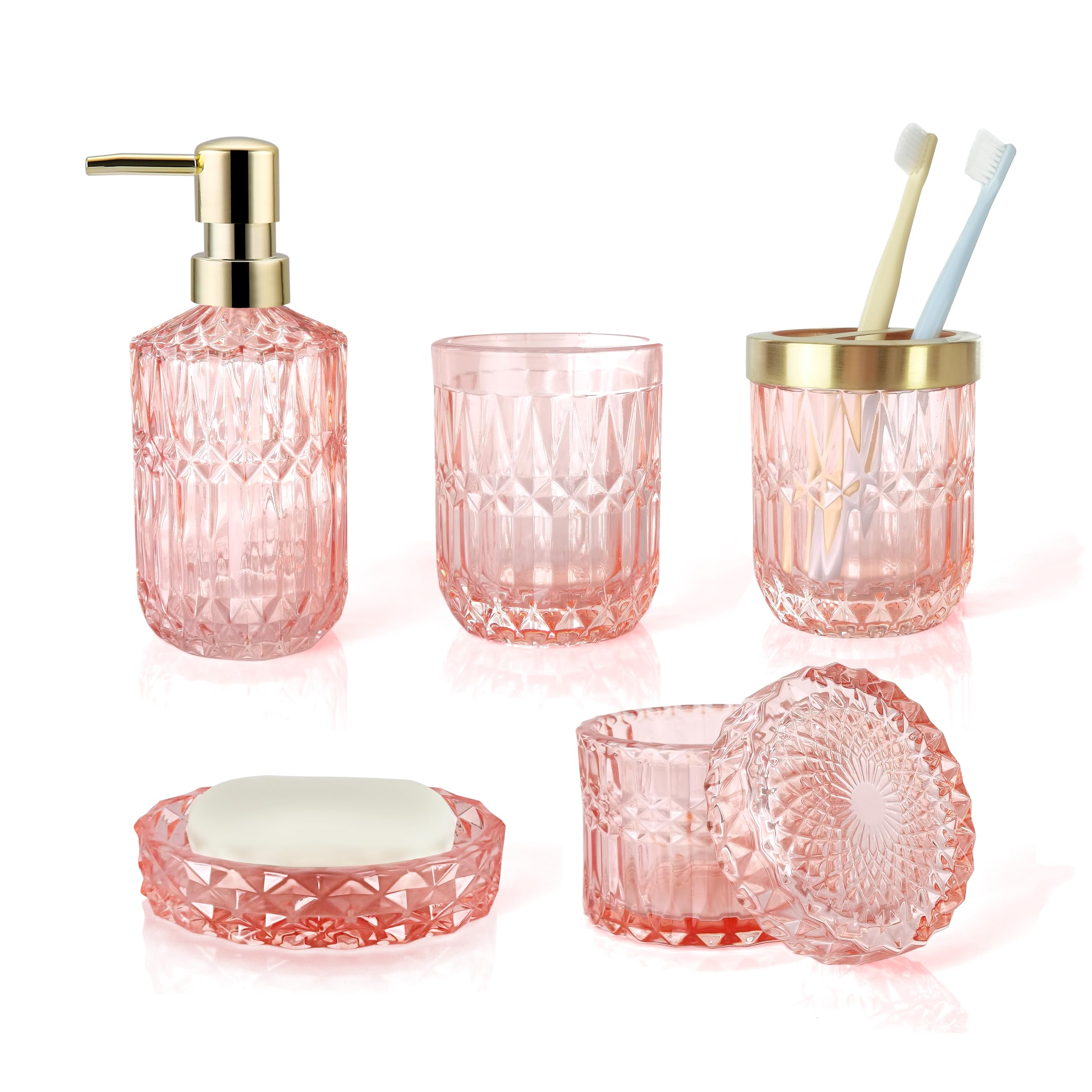 Lamarriti Pink Bathroom Accessories, 5Pcs Glass Bathroom Accessories Set, Soap Dispenser Set, Soap Dish, Tumbler, Cotton Swab Ja