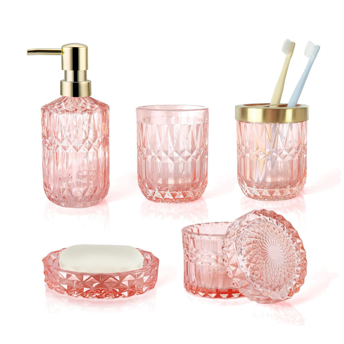 Lamarriti Pink Bathroom Accessories, 5Pcs Glass Bathroom Accessories Set, Soap Dispenser Set, Soap Dish, Tumbler, Cotton Swab Ja