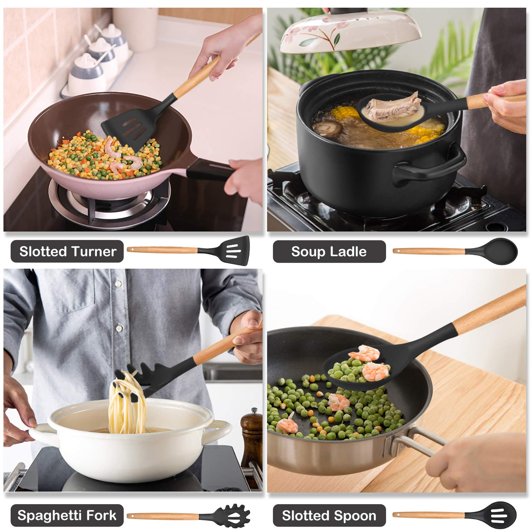 Lianyu 13-Piece Silicone Kitchen Cooking Utensils Set With Holder, Wooden Handle Utensils For Cooking, Kitchen Tools Include Spa
