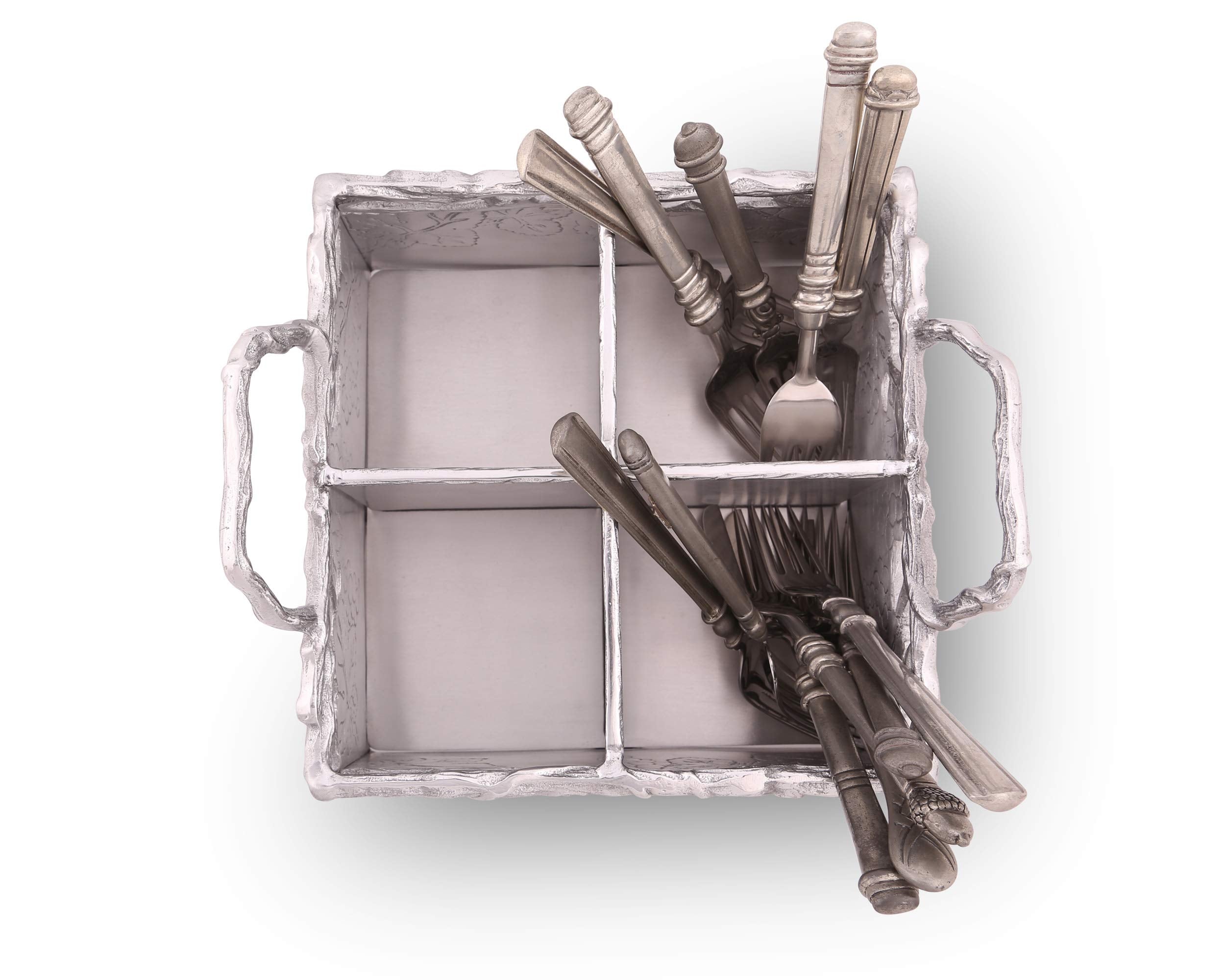 Arthur Court Designs Aluminum Metal Grapevine Flatware Silverware Caddy 8 Inch Square 7 Inch Tall