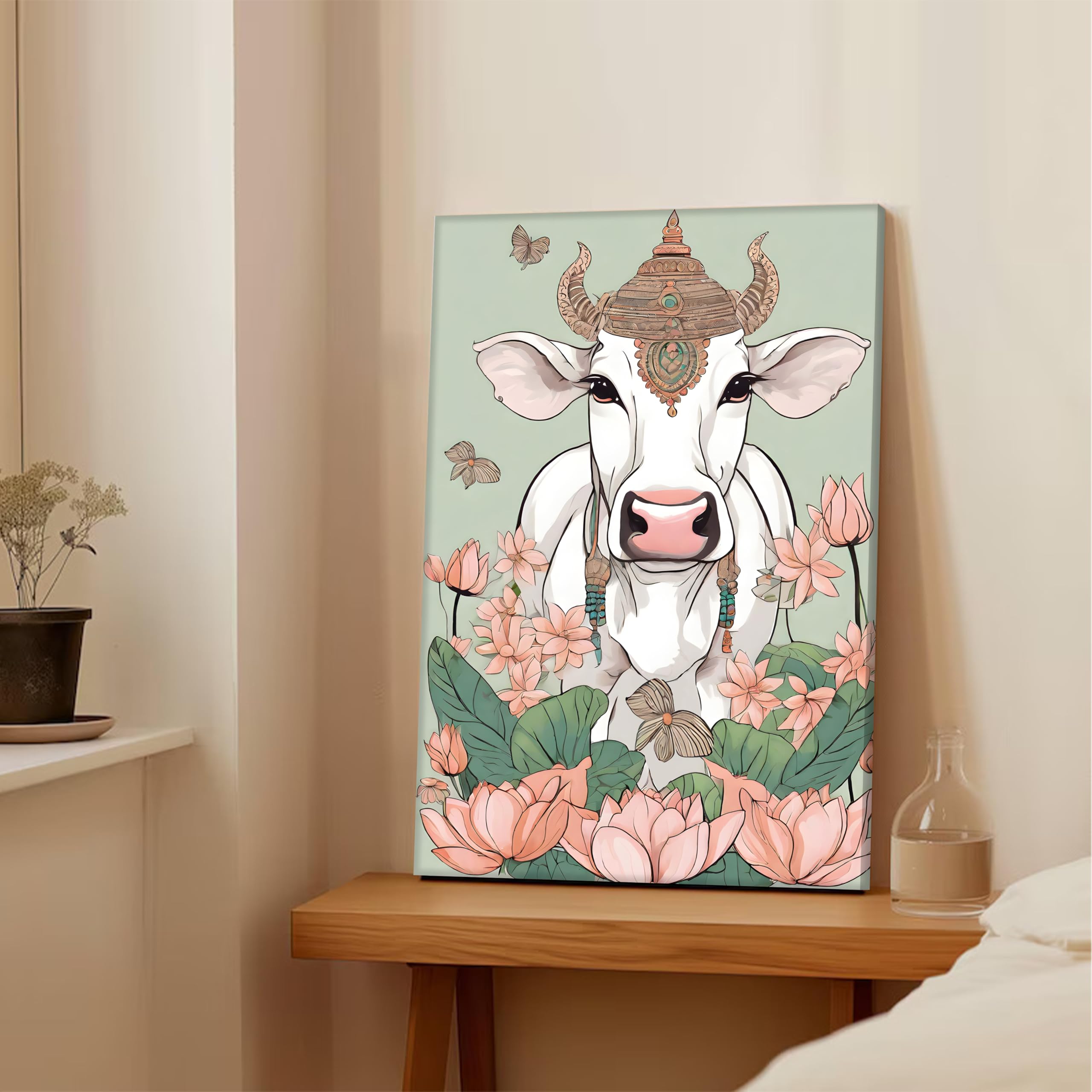 Paintingmantra Portrait Stretched Canvas Lotus And Deity Cow Traditional Indian Wall Art Print Dcor | Printed On Canvas Stretche