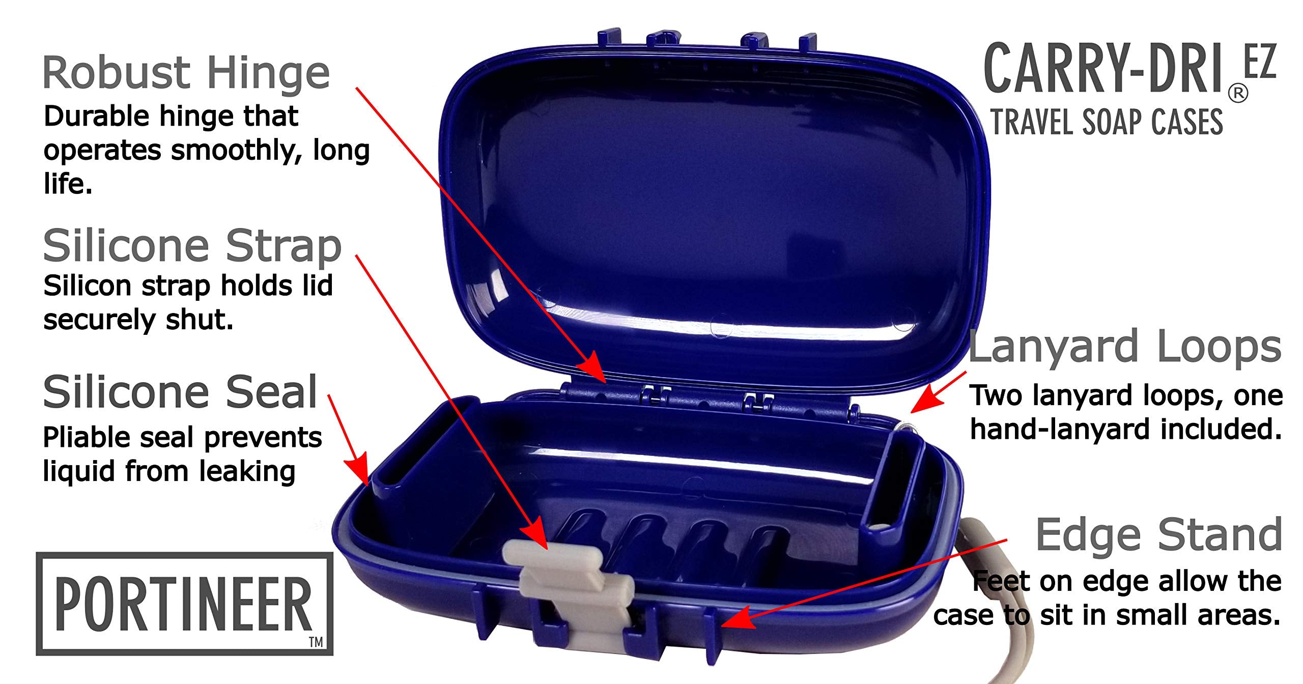 Carry-Dri EZ Travel Soap Container by PORTINEER - Soap Bar Case Lets Soap Dry with Lanyard  Silicone Closure  Soap Holder Travel  Leakproof Soap Box with Patented Vents  Travel Soap Dish  Blue-Grey