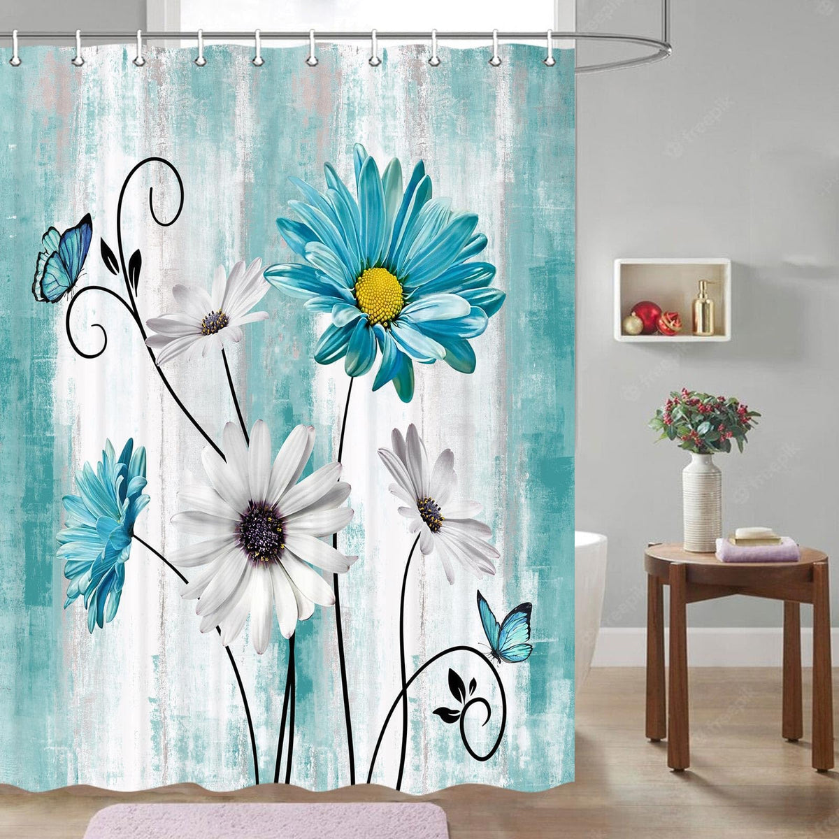 Jawo Teal Daisy Floral Flowers Shower Curtain, Farm Rustic Farmhouse And Butterfly On Country Wooden Shower Curtain, Turquoise B