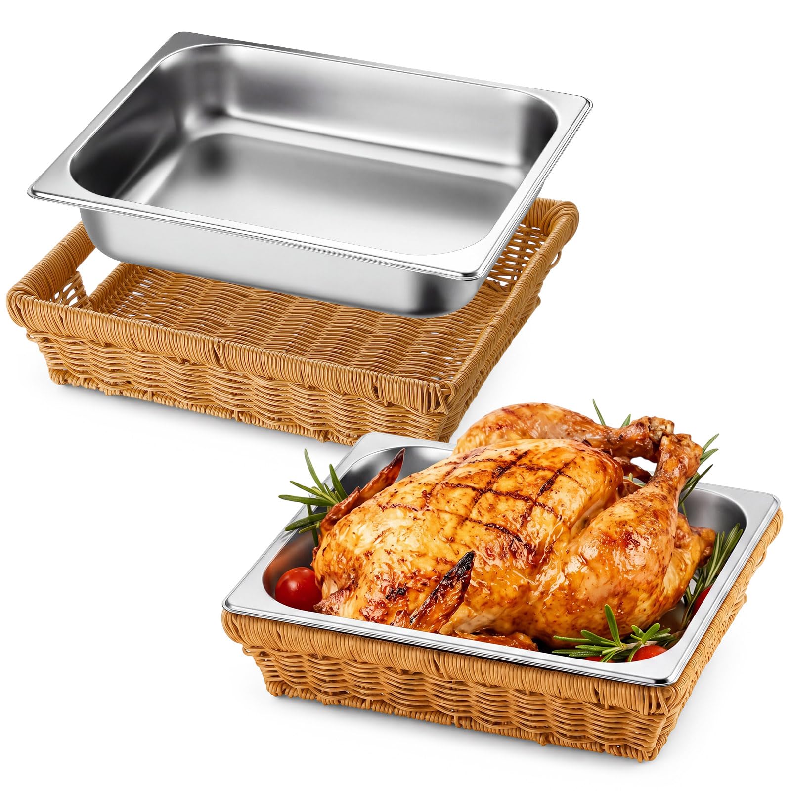 Buffet Catering Party Serving Trays, 2 Sets Wicker Baskets with Insert Pan