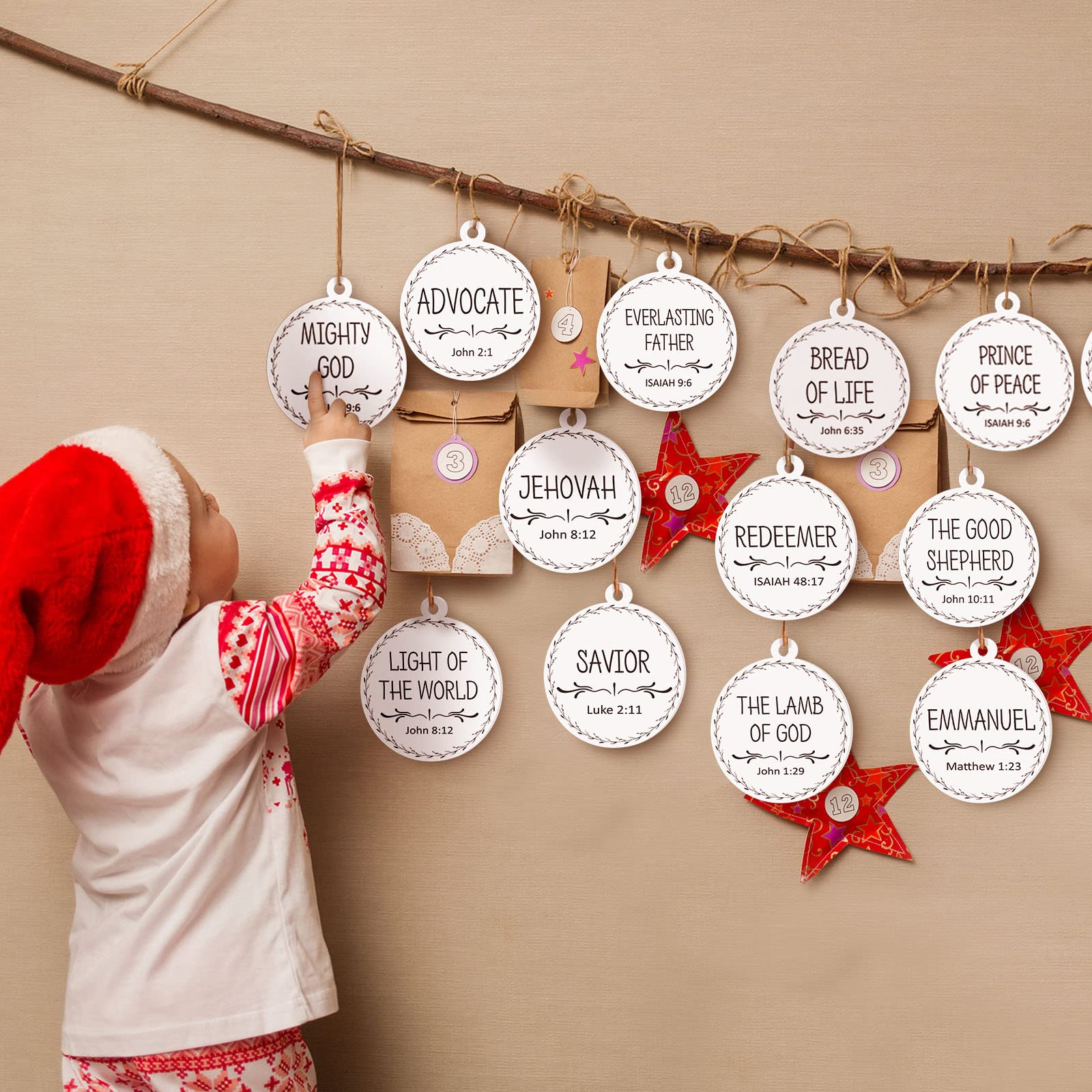Jetec 24 Pieces Names of Jesus Christ Ornaments Christmas Ornament Nativity Set Nativity Round Wood Decoration Xmas Savior Name