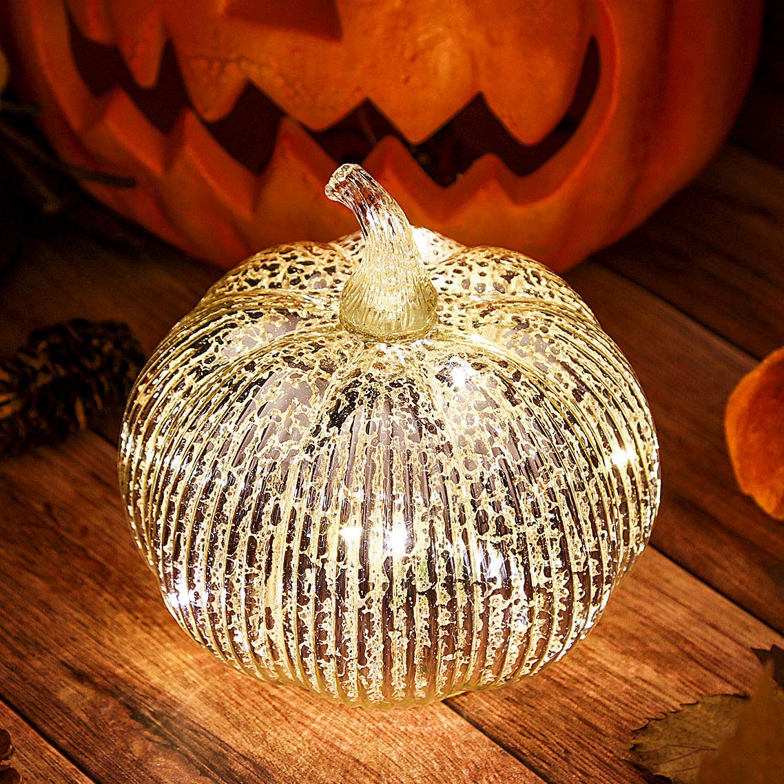 hvfun Mercury Glass Light Up Pumpkin with Timer, Fall Decoration for Home, Silver Halloween Festive Decor Lamp