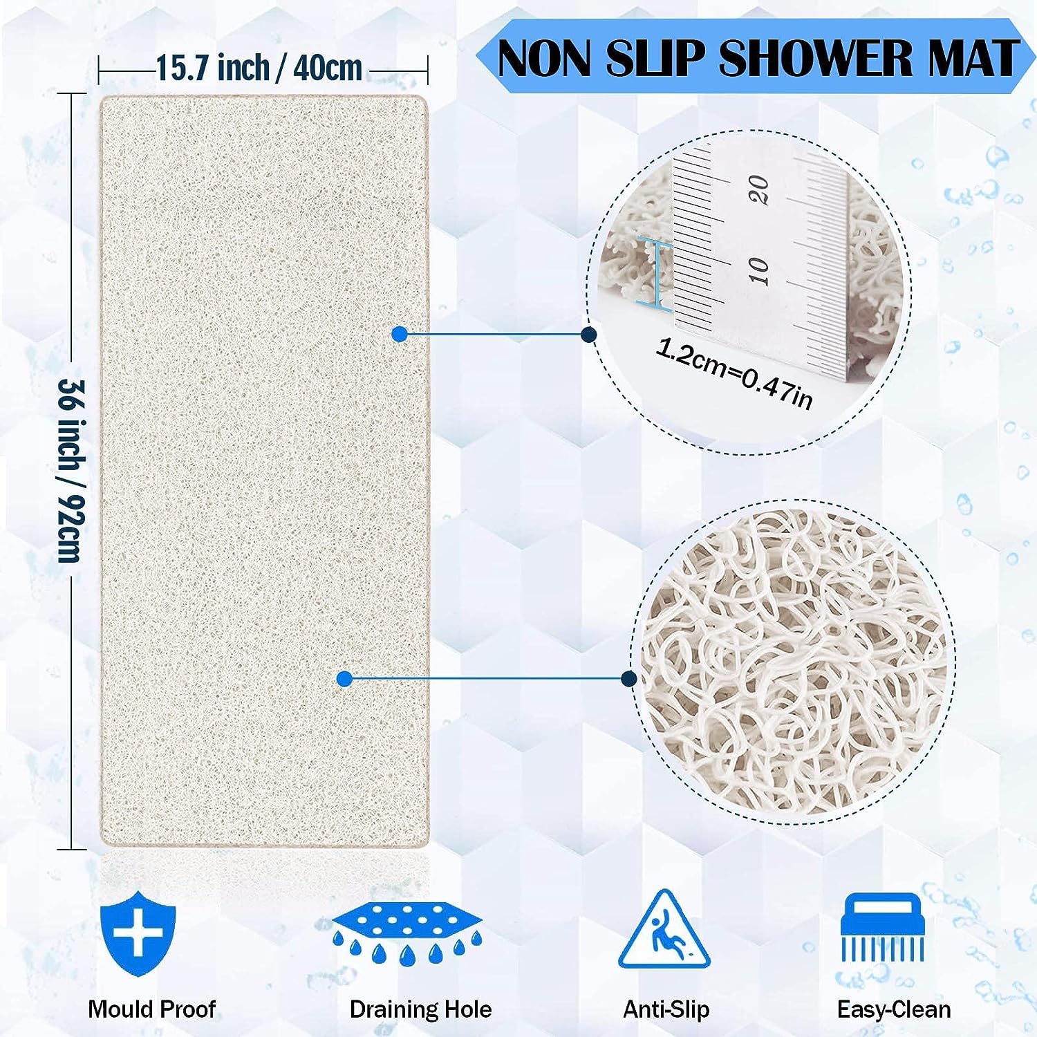 godehone Non-Slip Shower Mat, Quick Drying PVC, 15.7×36 Inch, Beige, Model 1028 for Textured Tub Surfaces