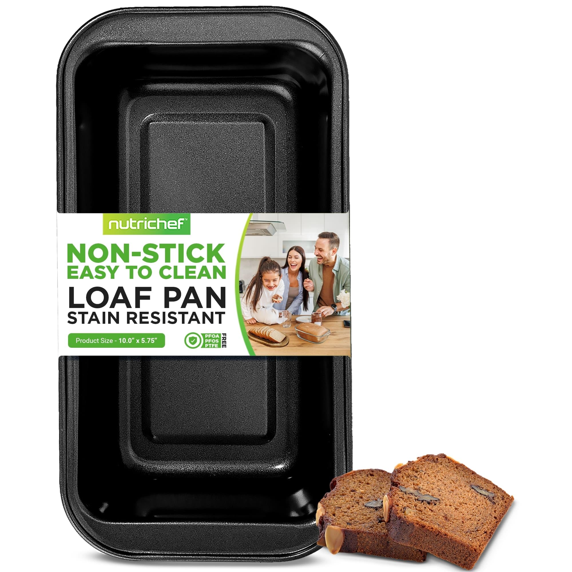 Nutrichef 10'' Non-Stick Loaf Pan - Large Premium Carbon Steel Baking Pan For Bread, Meatloaf, & More - Dishwasher Safe, Black