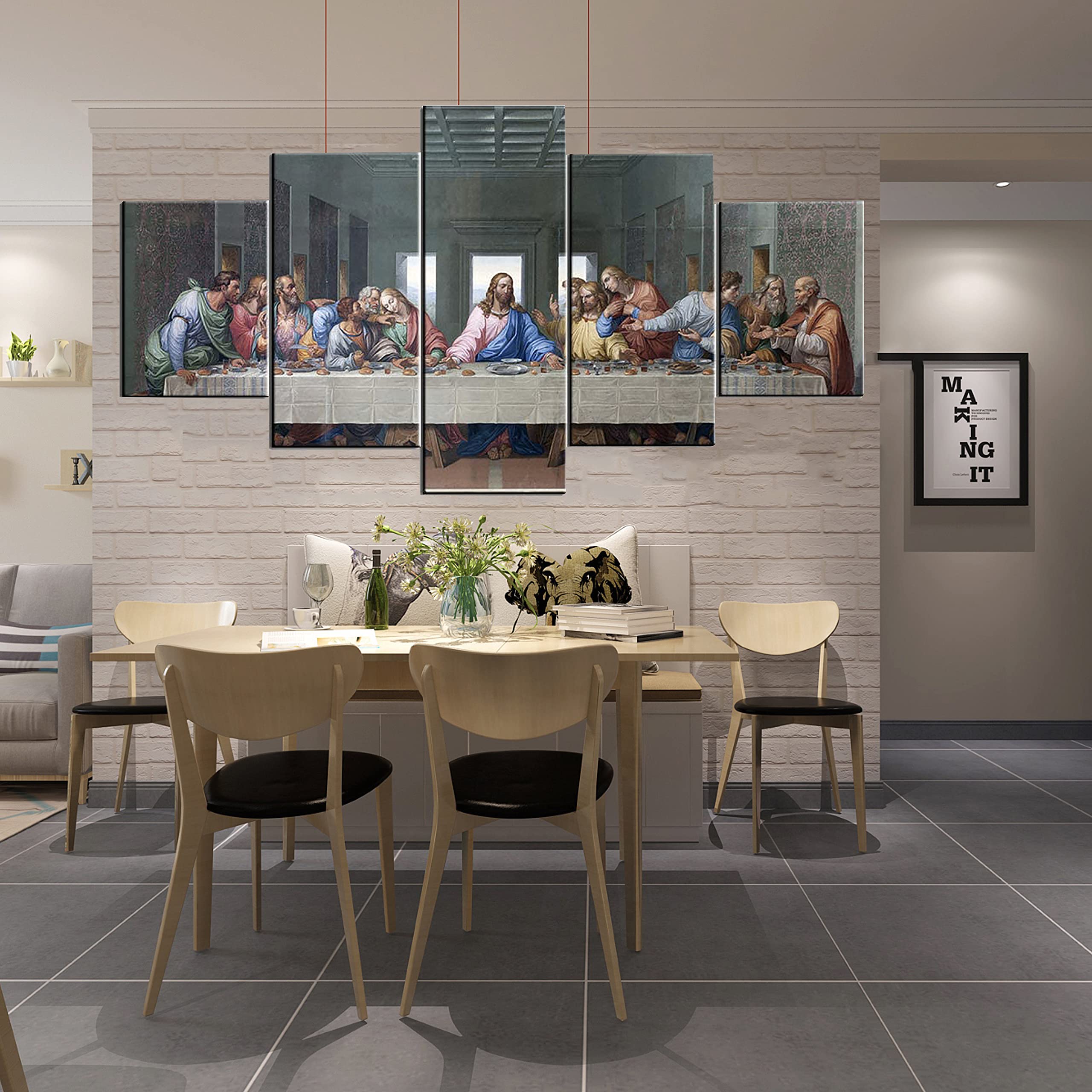 Fu-Keivy The Last Supper Wall Decor Jesus Canvas Wall Art Frame Pictures For Dining Room Kitchen 5 Piece Painting Wooden Framed