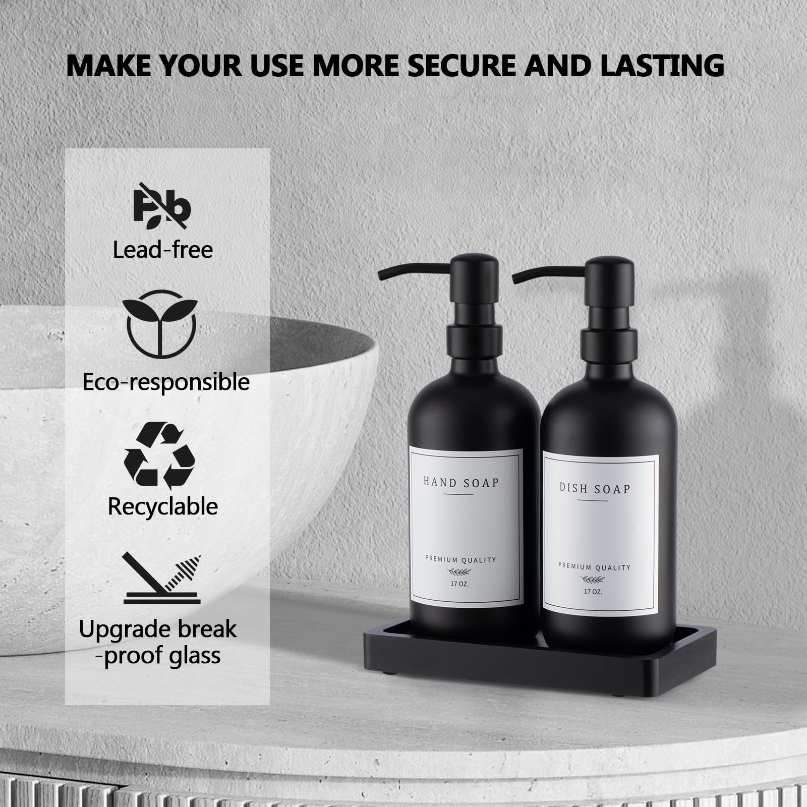 Black Thick Glass Soap Dispenser - Farmhouse Kitchen Dish Soap Dispenser & Hand Soap Dispenser Set, 304 Rustproof Pump Soap Disp