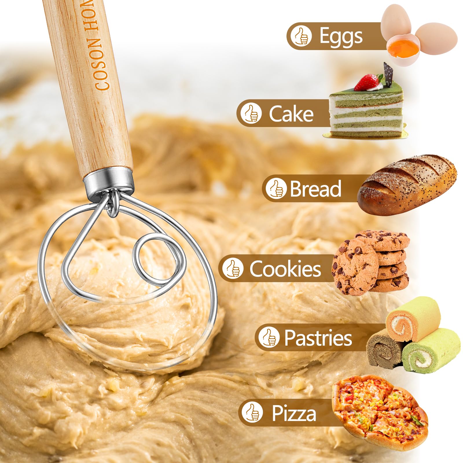 Coson Home Danish Dough Whisk - Wood Mixing Tool for Sourdough Baking, 13 Inch, Light Yellow, Pack of 2, Model DW2P