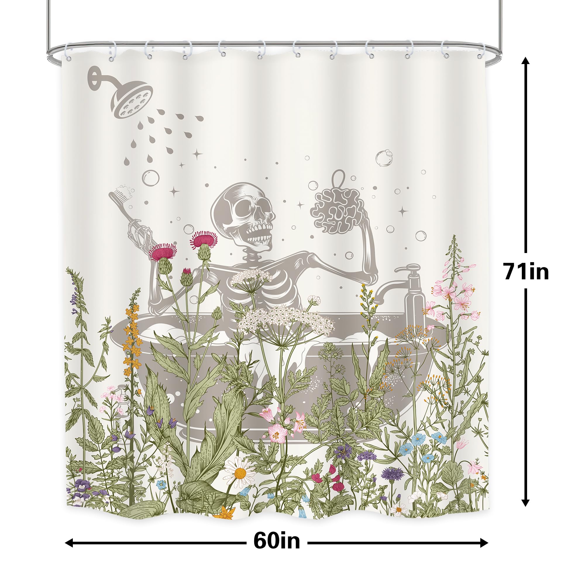 Lghtyro Funny Skull Halloween Wildflower Shower Curtain Bathroom Set 60Wx71H Inches Gothic Skeleton Floral Rustic Leaves In Bath