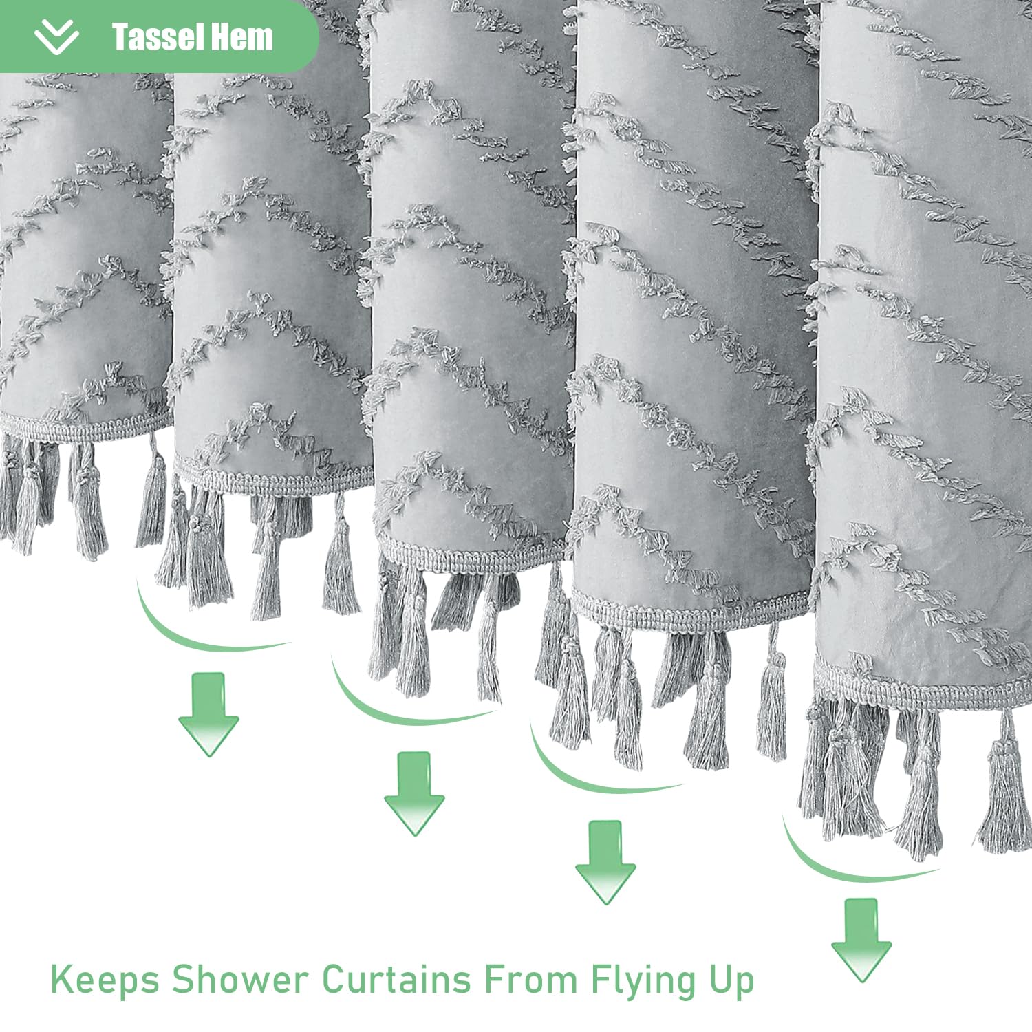 Dynamene Boho Farmhouse Shower Curtain, Grey Fabric Tufted Chevron Striped Textured Tassel Shower Curtains For Bathroom, Water R