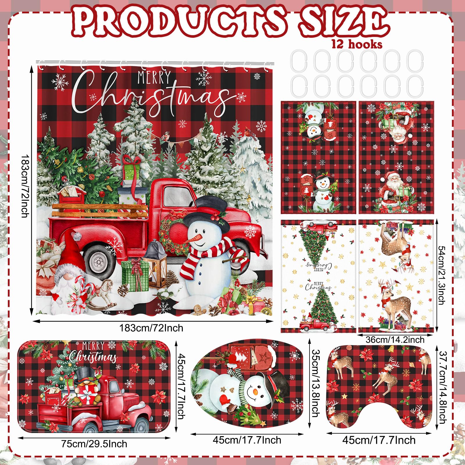 FuWeave 8 Pcs Christmas Shower Curtain Set Xmas Santa Bathroom Decoration Christmas Tree Hand Towels Snowman Toilet Lid Cover Ba