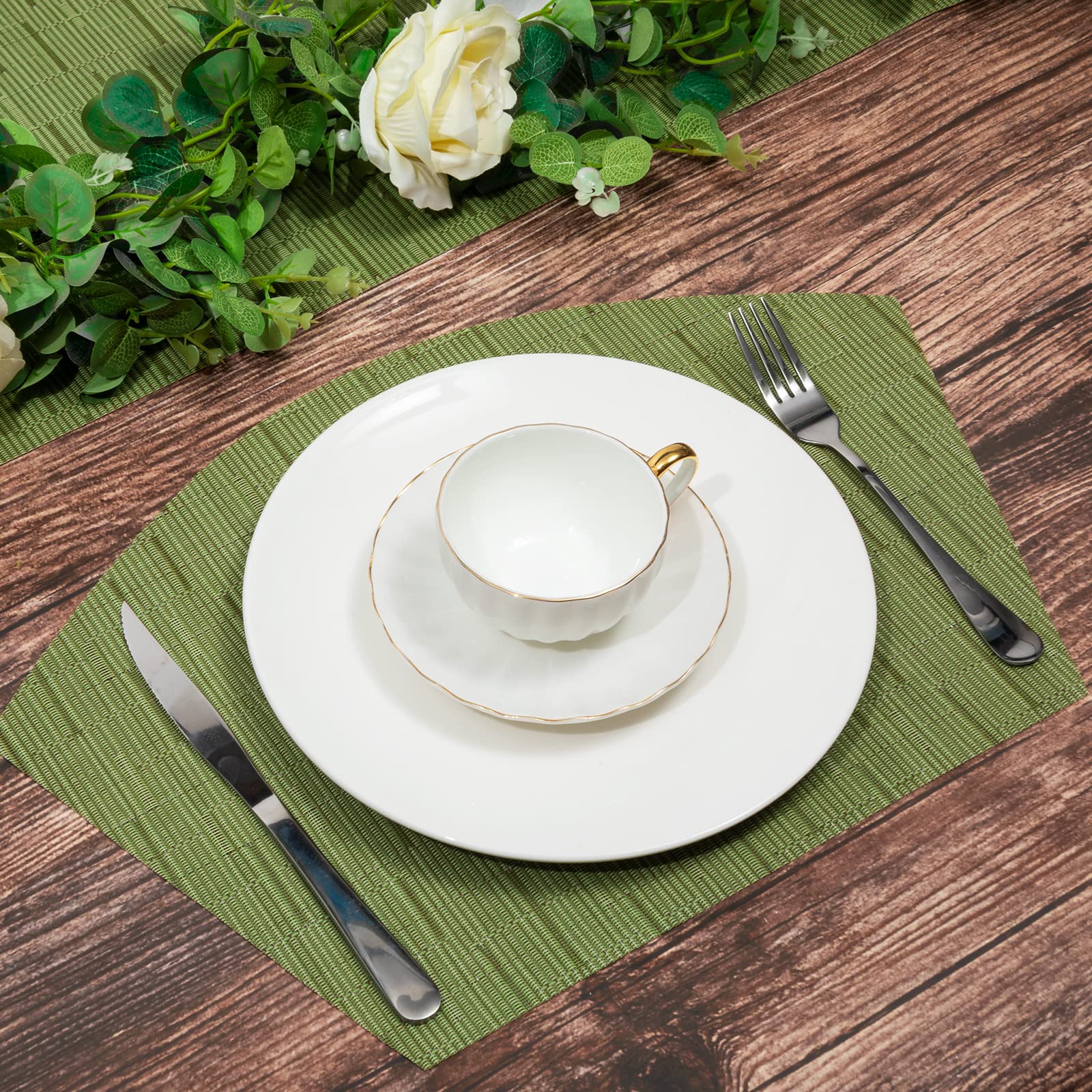 Shacos Round Table Placemats Set Of 7 Wedge Placemat With Centerpiece Round Mat Heat Resistant Table Mats Wipe Clean (7, Green)