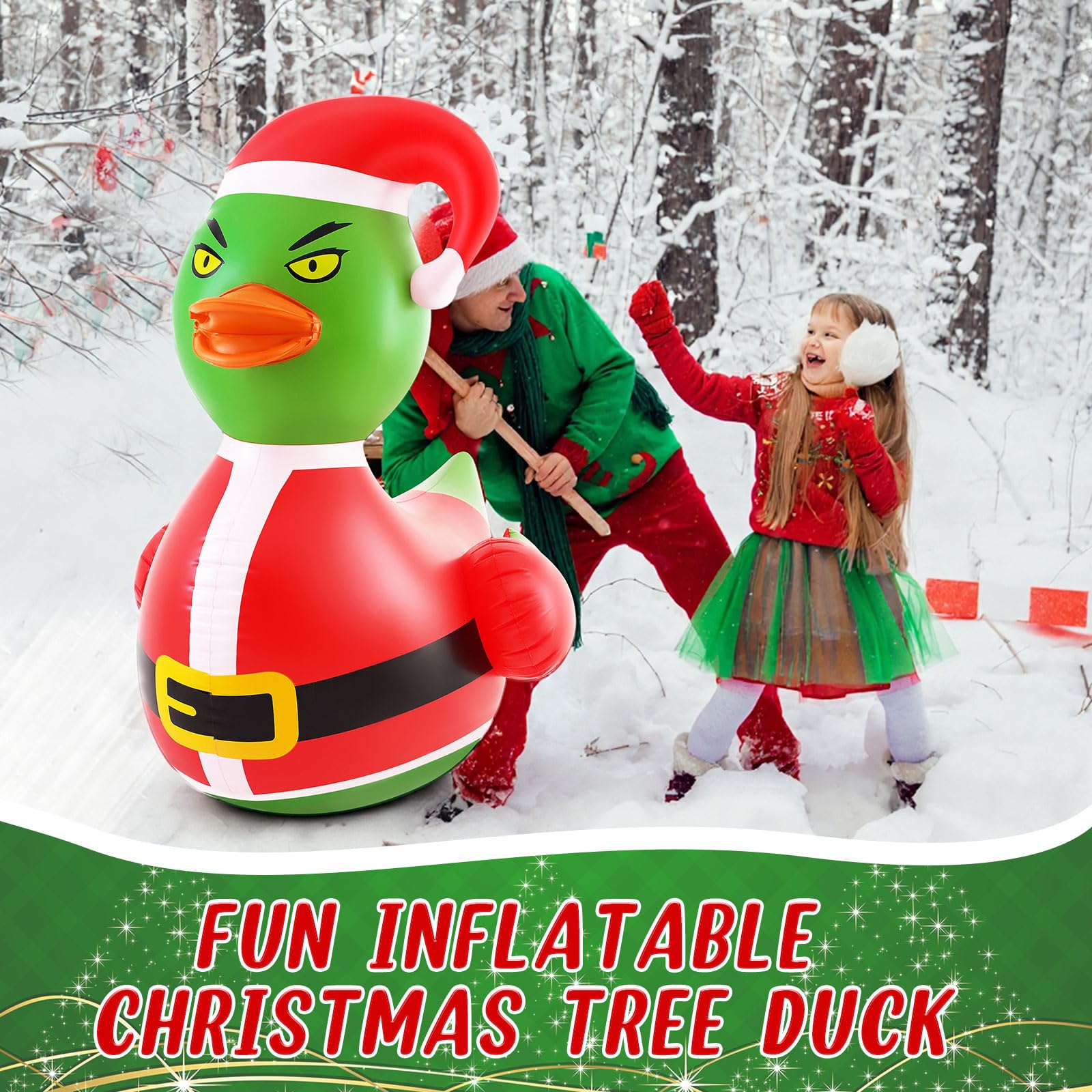 Hungdao 1 Pcs 4 Feet PVC Christmas Giant Inflatable Green Hair Monster Duck Huge Rubber Large Blow up Duck Christmas Pool Floats