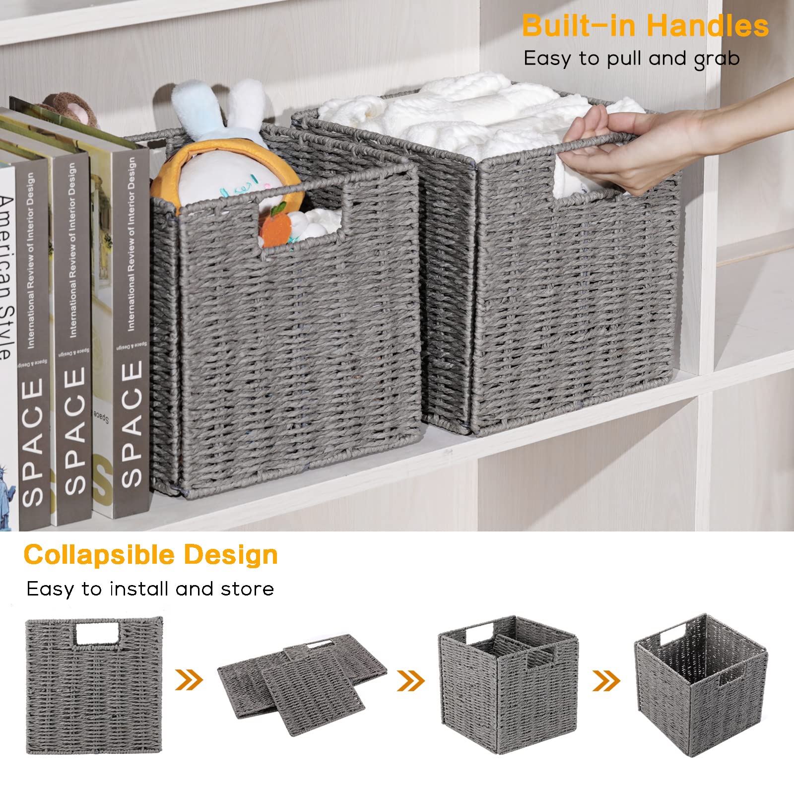 Vagusicc Storage Basket, Set Of 2 Hand-Woven Paper Rope Wicker Baskets For Storage, Foldable Cube Storage Bins Organizer, 9 Inch