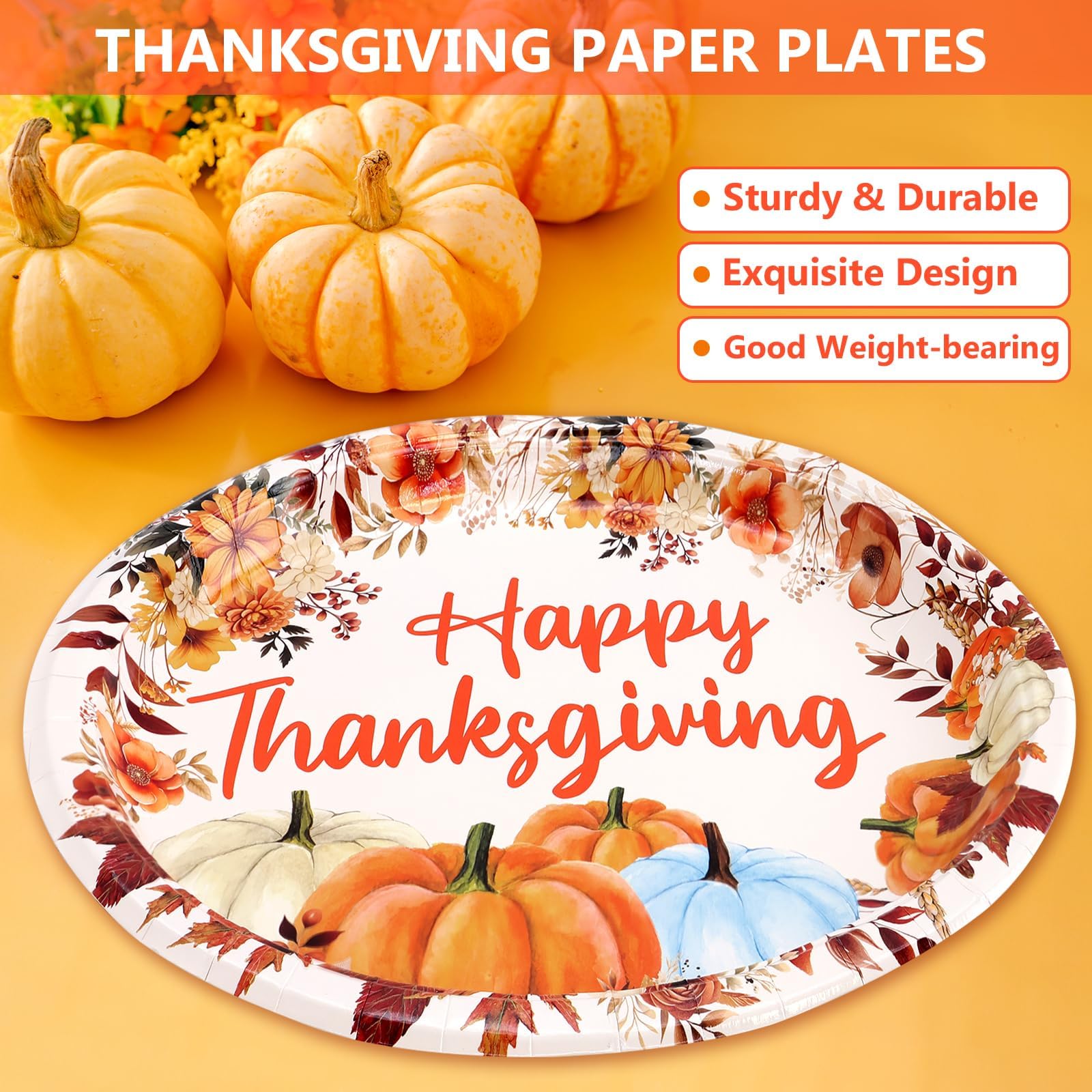 WorldBazaar Thanksgiving Oval Paper Plates 24 Count 10 X 12 Large Pumpkin Plates Disposable Dinner Platter Fall Holiday Party Su