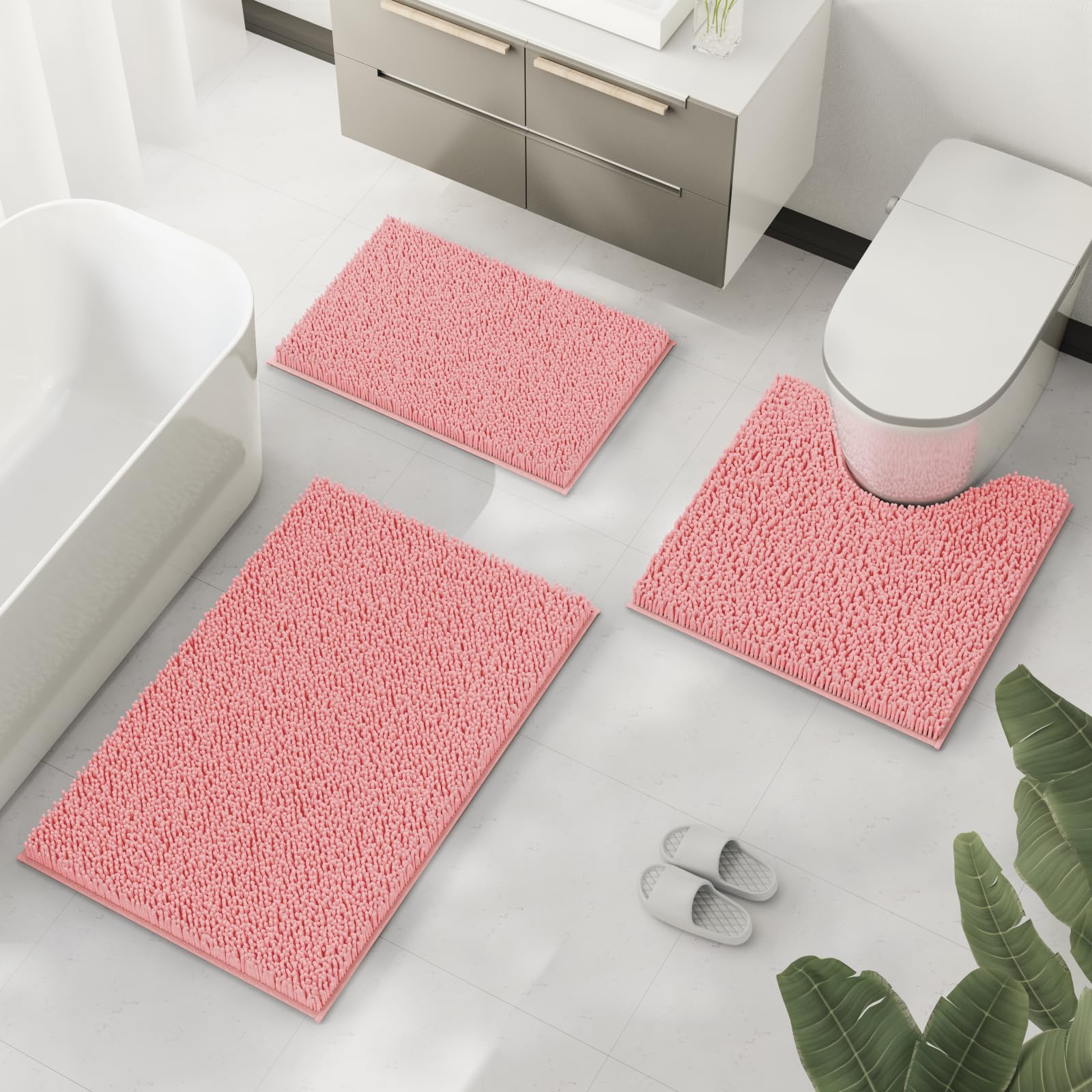 Pink Bathroom Rugs Sets 3 Piece Super Thick Bathroom Rug Set Bath Mats, Extra Soft And Absorbent Shaggy Rugs, Strong Pvc Non-Sli