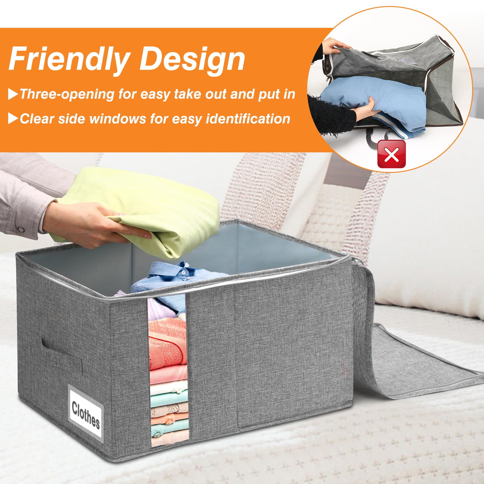 boailydi Blanket Storage, 60L Comforter Storage Bag With Dual Zipper & Side Support, Sturdy Clothes Storage Bin For King Size Co