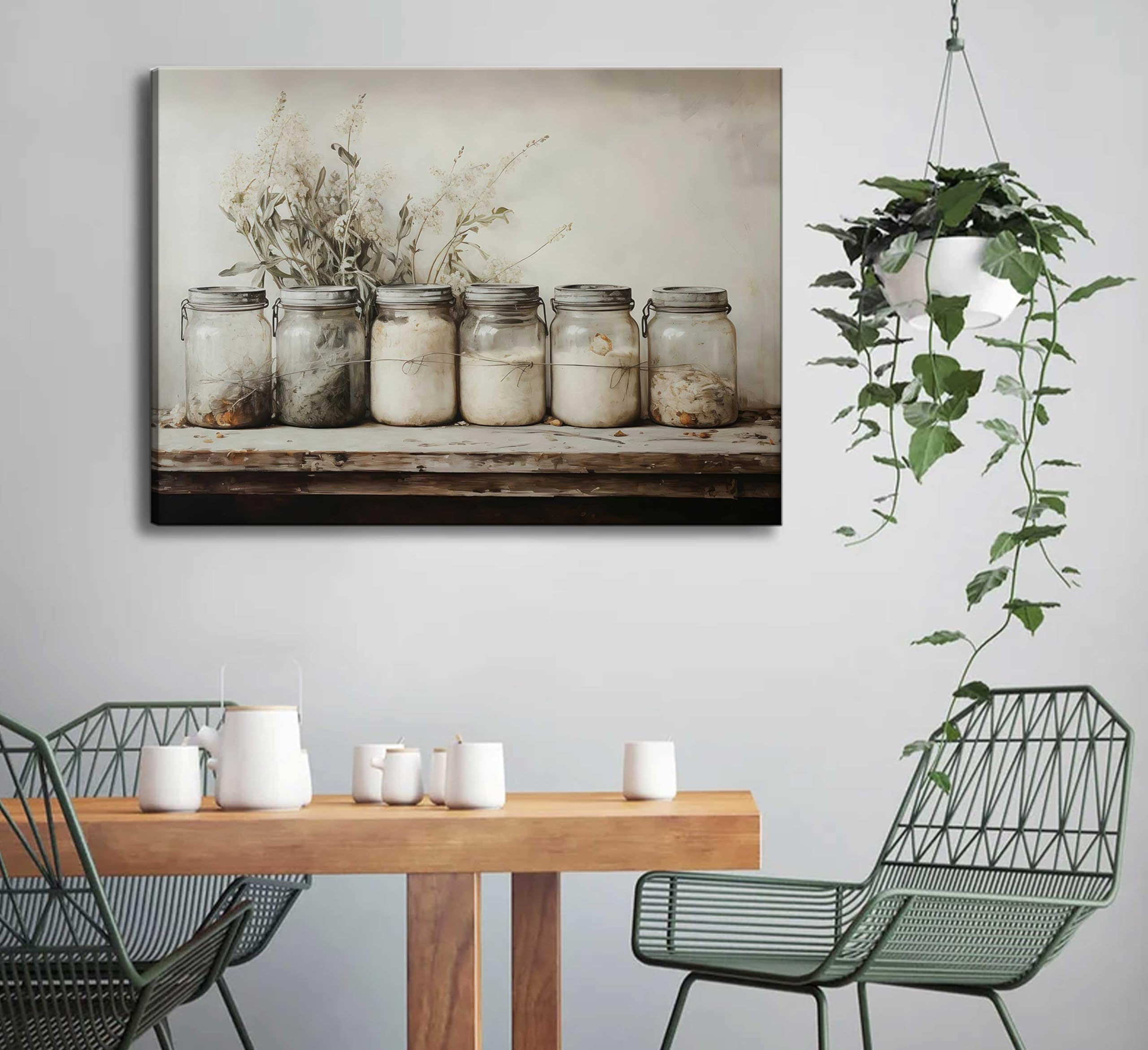Farm Kitchen Canvas Wall Art Rustic Vintage Country Mason Jar Spice Still Life Culinary Art Painting Picture Farmhouse Wall Deco