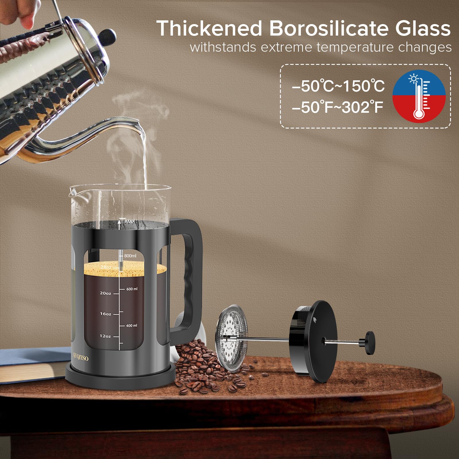 Quqiyso French Press Coffee Maker 34Oz 304 Stainless Steel French Press With 4 Filter, Heat Resistant Durable, Easy To Clean, Bo