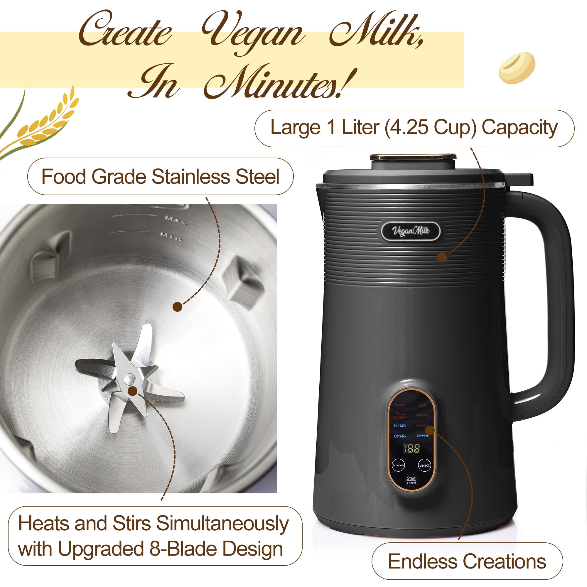 Nut Milk Maker Machine  Almond Milk Maker Machine  Soy Milk Maker Machine  Oat Milk Maker Machine - 8 in 1 Plant Based Milk Maker Machine Works as: Nut Milk Machine  Soymilk Maker & Soup Maker Machine