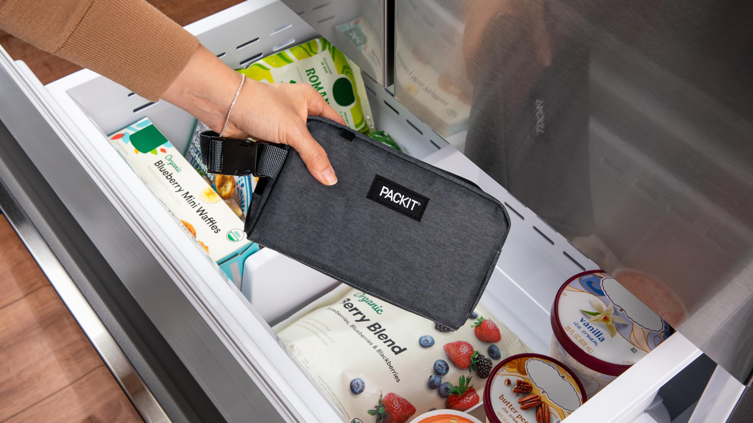 Packit Freezable Snack Box, City Charcoal, Built With Ecofreeze Technology, Collapsible, Reusable, Zip Closure With Buckle Handl