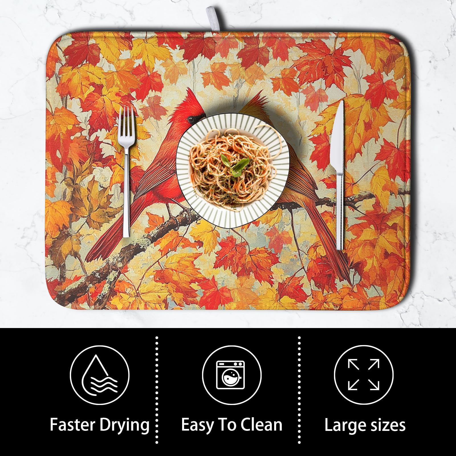 Kwlegh Fall Dish Drying Mats for Kitchen Counter Maple Leaf Cardinal Birds Dish Draining Mat 18x24 Inch Autumn Thanksgiving Dish