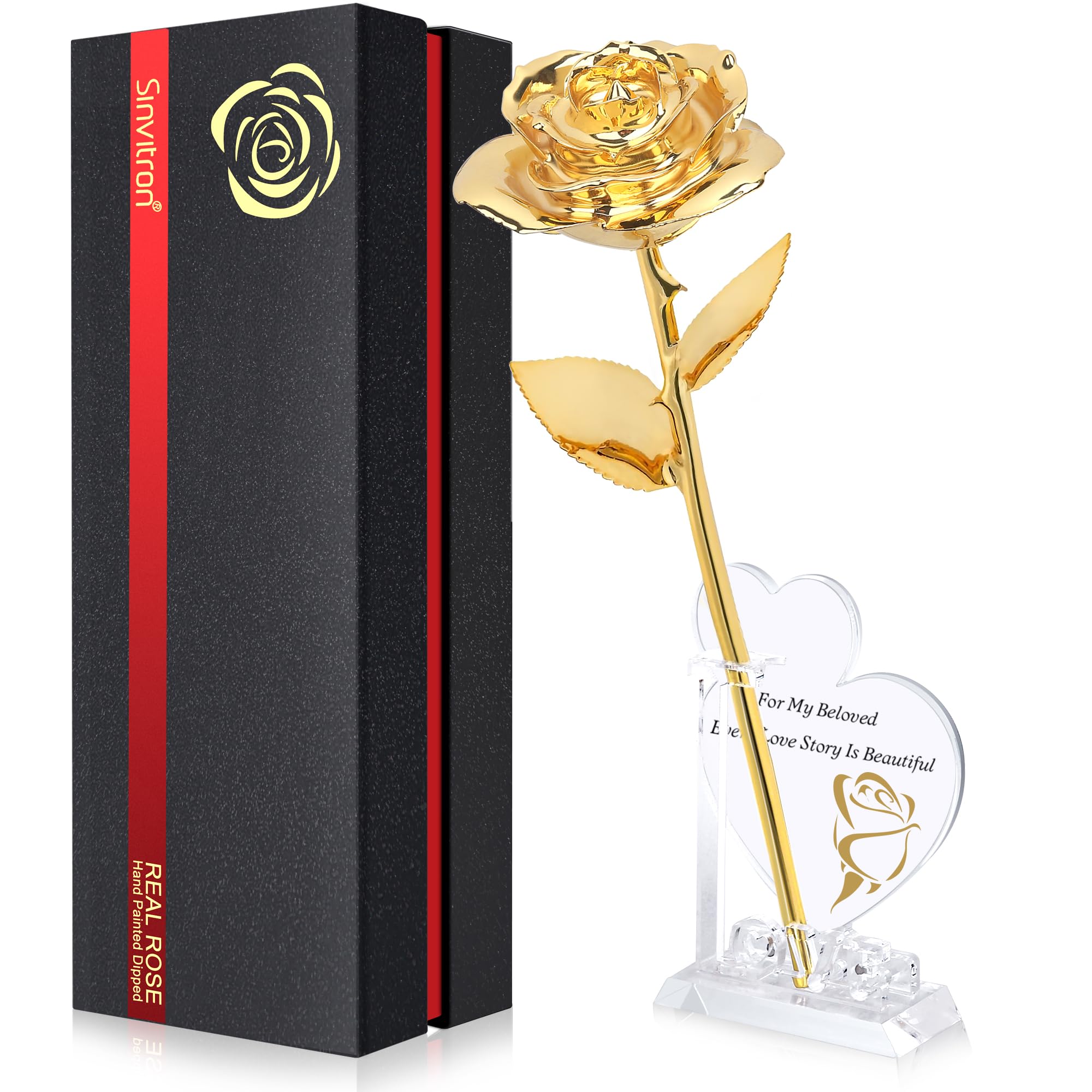 Sinvitron Gold Dipped Rose Real 24K Gold Rose, Long Stem Hand Dipped in 24k Gold Rose,Unique Romantic Gifts for Women in Her Bir