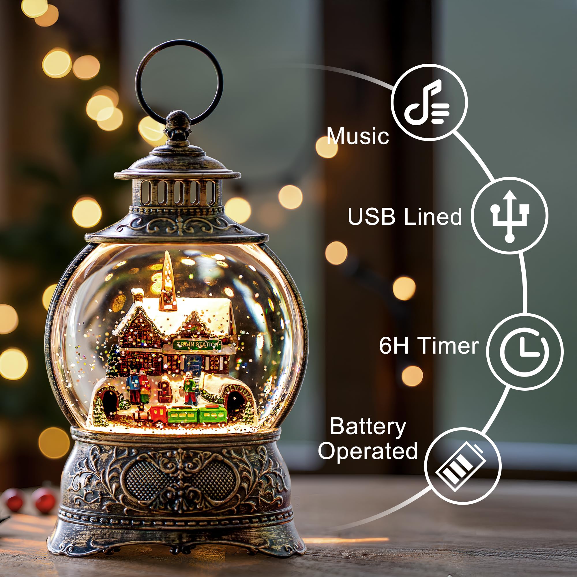 Christmas Village Snow Globe Water Lantern with Train Station Scene Battery Operated or USB Powered Musical Lighted Holiday Deco