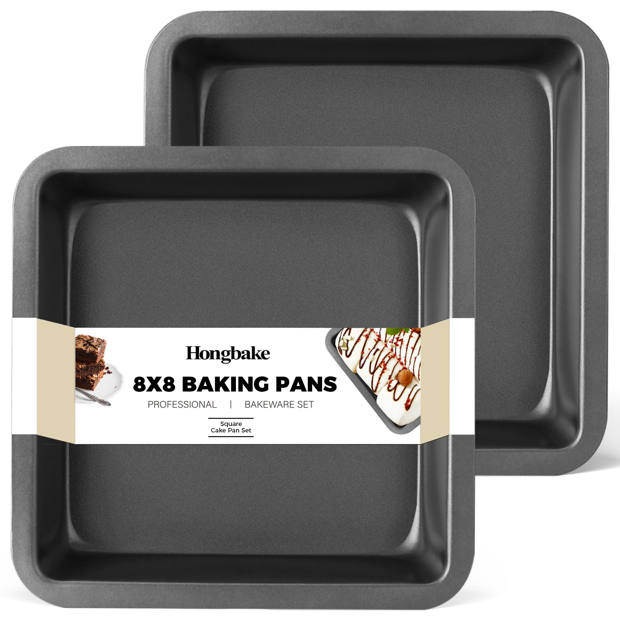 Hongbake 8X8 Cake Baking Pan Set, Nonstick Square Brownie Pans With Wider Grips, 2 Pieces, Heavy Duty, Grey
