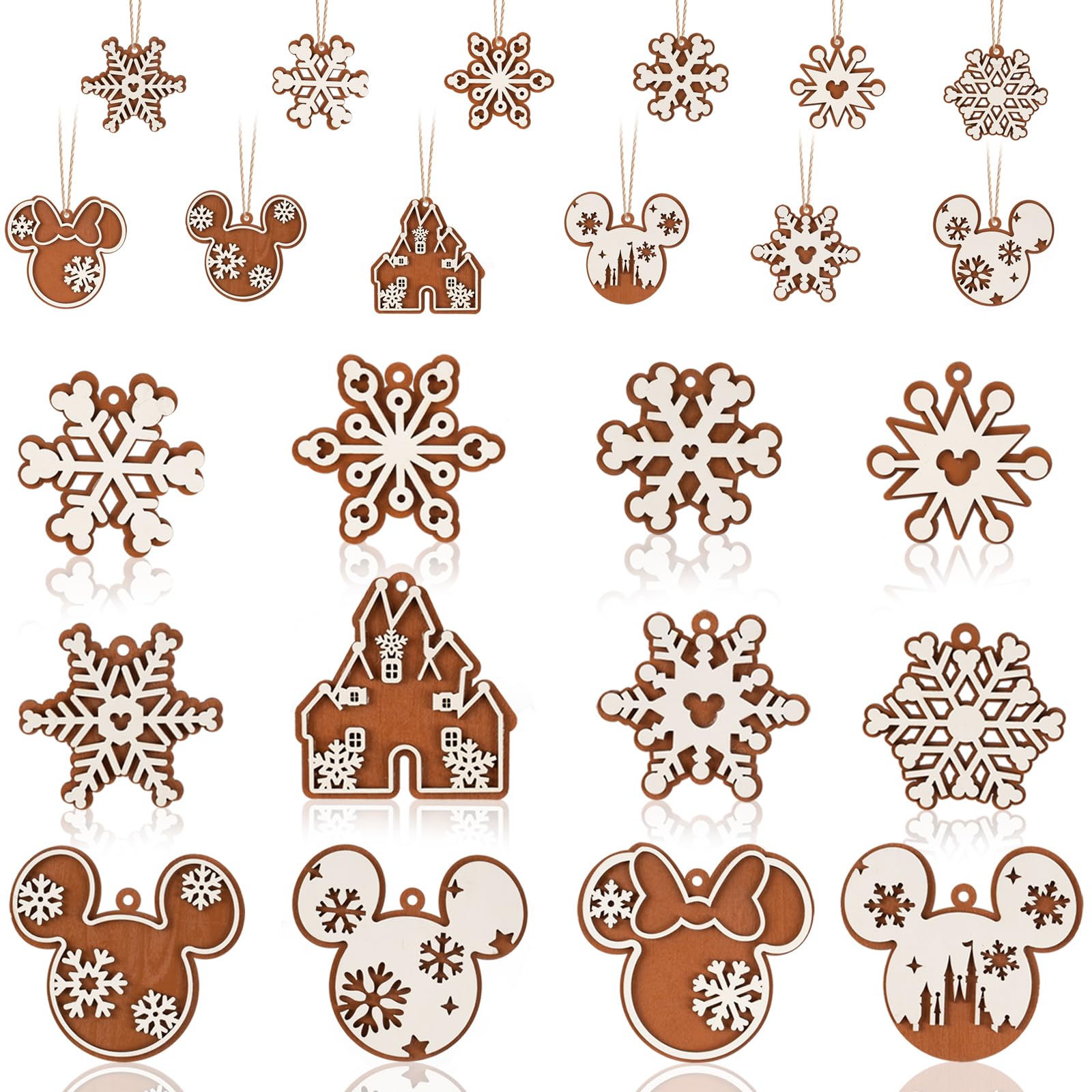 Christmas Tree Decorations, 12pcs Cute Christmas Snowflake Mouse Ornaments for Tree, Wooden Round Hanging Ornaments Pendants for