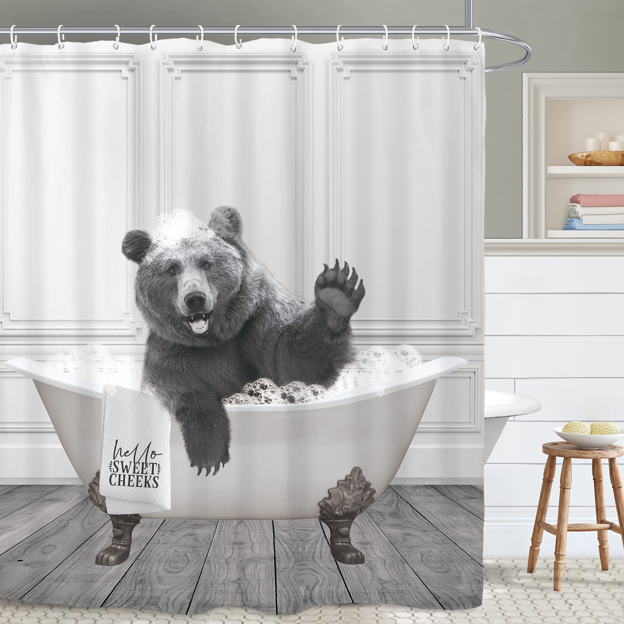 Yookeb Funny Bear Bathroom Shower Curtain 60W By 71H Inch Animal Farmhouse Cabin Hello Sweet Cheeks Polyester Fabric 12 Plastic