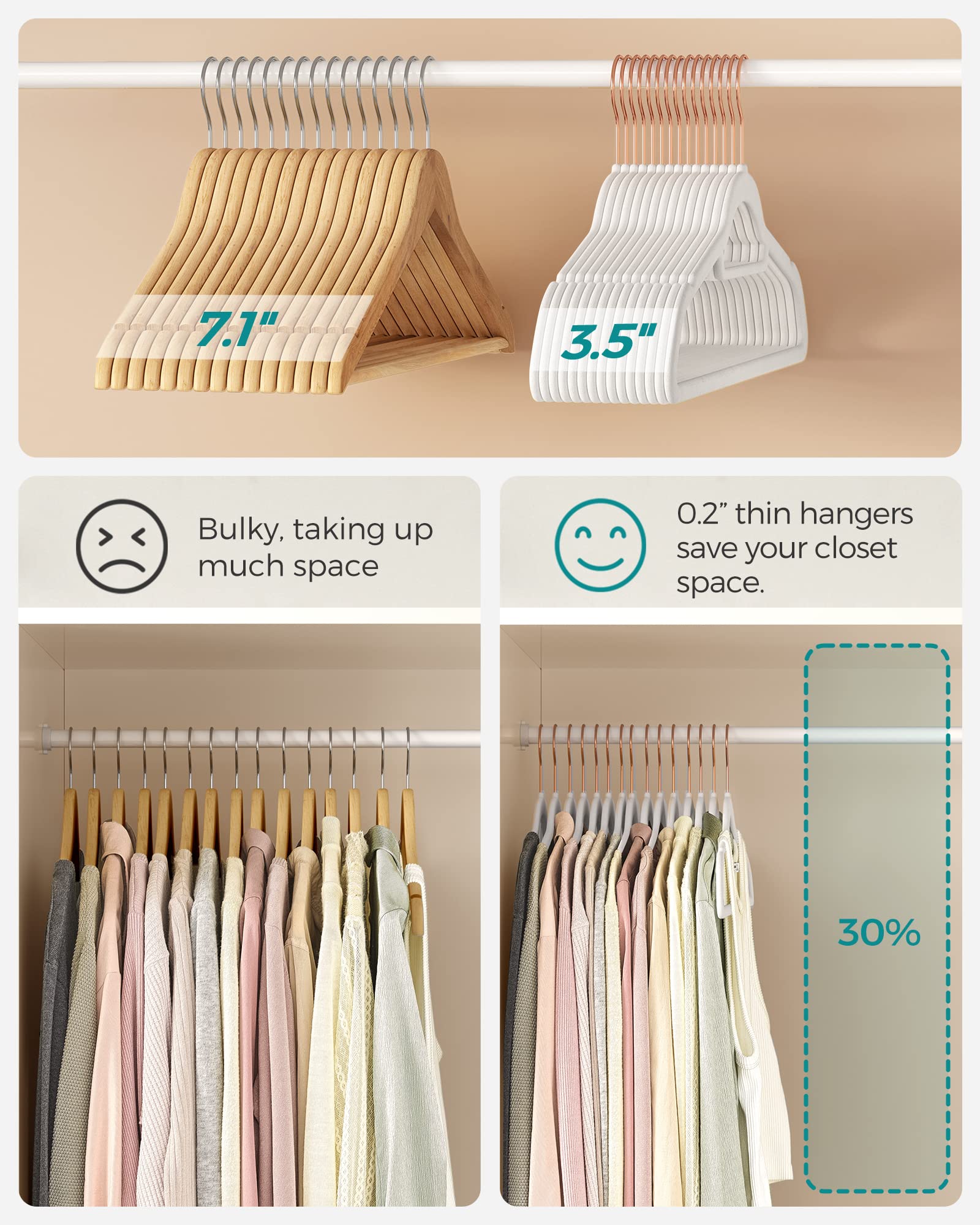 Songmics Velvet Hangers, Set Of 30 Clothes Hanger With Rose Gold Swivel Hook, Non-Slip, And Space-Saving, 0.2-Inch Thick, 17.1-I