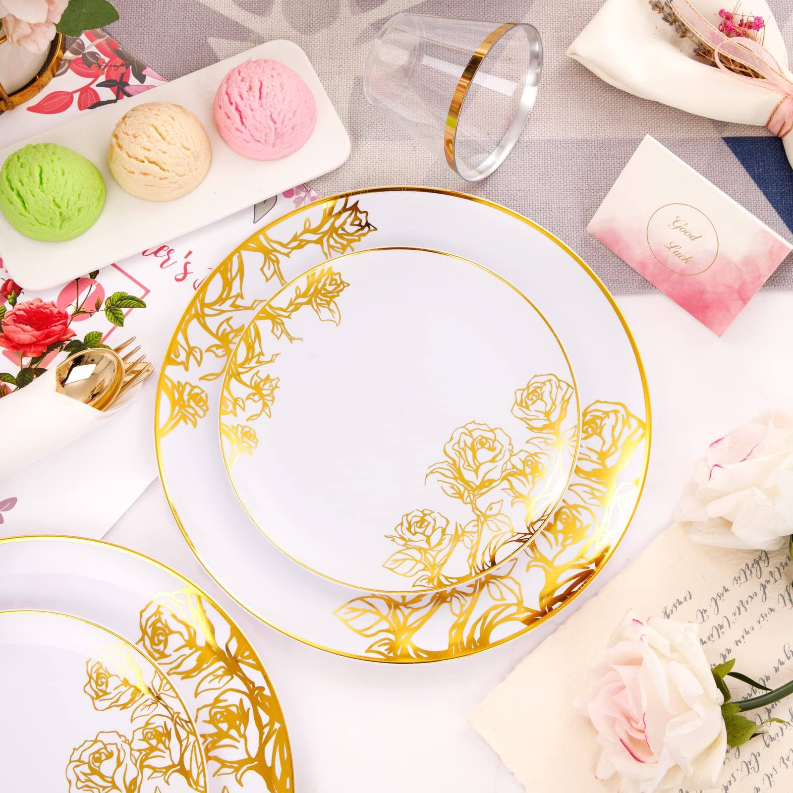 Dayammi 210Pcs Pink Gold Plastic Plates,Gold Disposable Dinnerware Set Includes 60 Gold Pink Plates,30 Gold Plastic Silverware,3