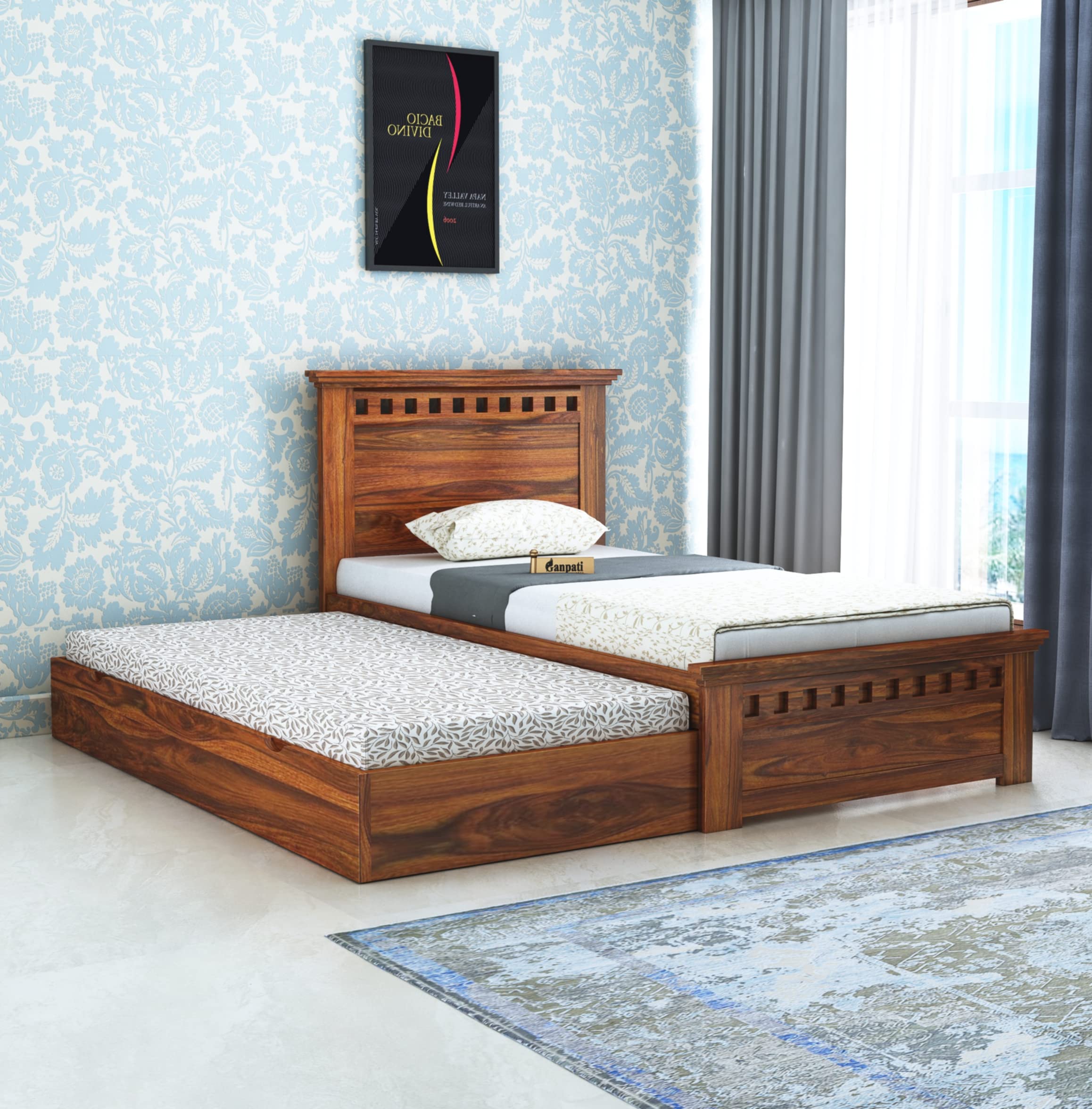 Ganpati Arts Sheesham Wood Armania Single Size Trundle Bed With 1 Extra Pullout Bed For Bedroom Living Room Hostel Home (Natural