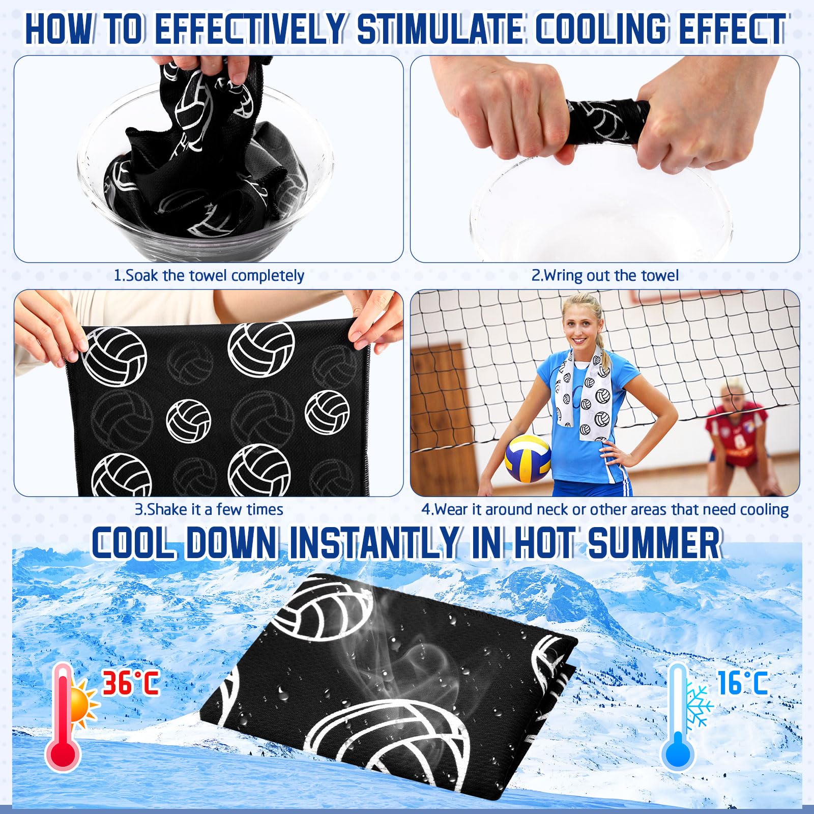 FuWeave 24 Pcs Volleyball Water Bottle Volleyball Cooling Towel Set with 50 Sticker Sports Party Favors Include 6 Reusable Sport