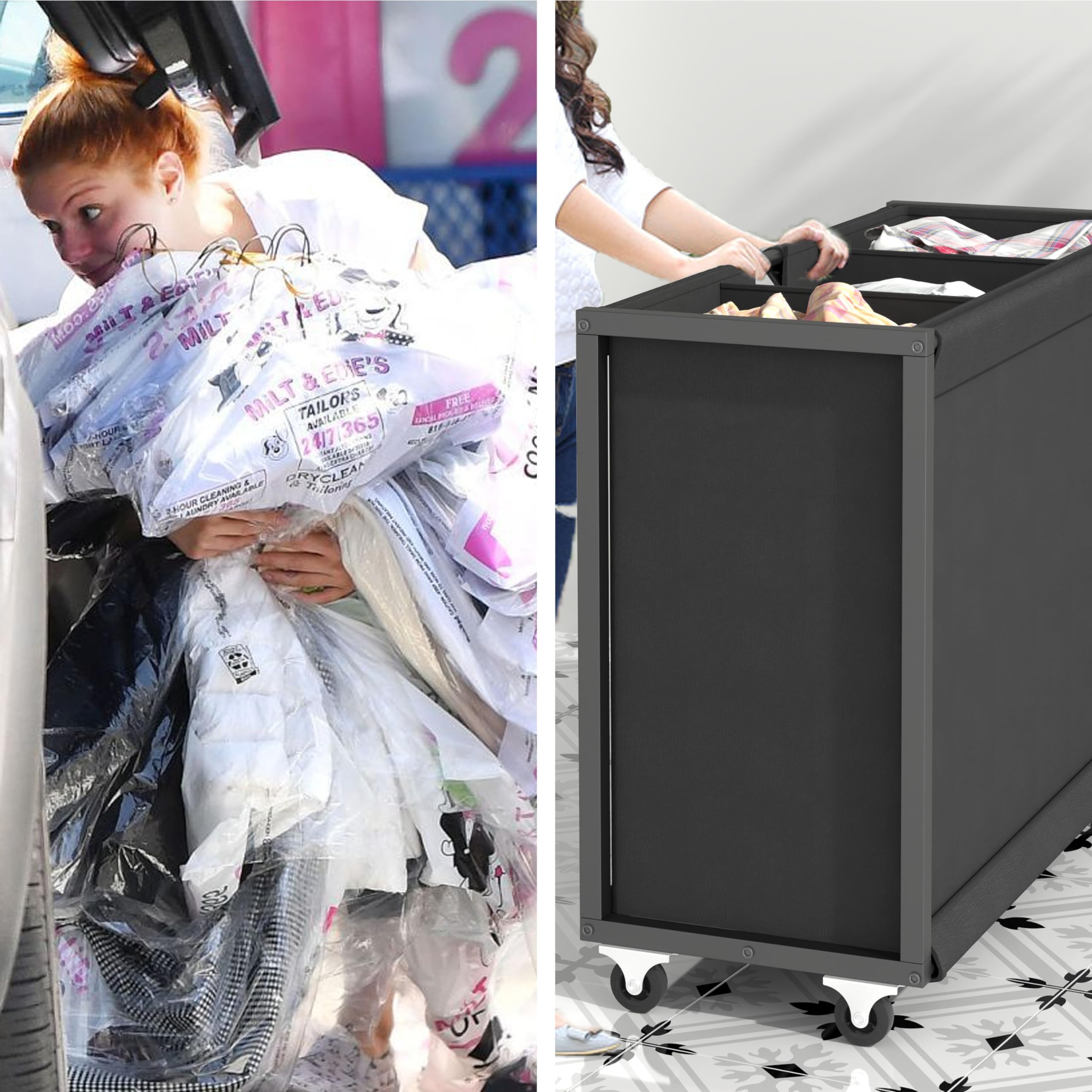 Stikely L Shaped Laundry Hamper Laundry Basket With 3 Section Pull-Out Rolling Bags & 3-Tier Storage Shelf, Laundry Sorter For O