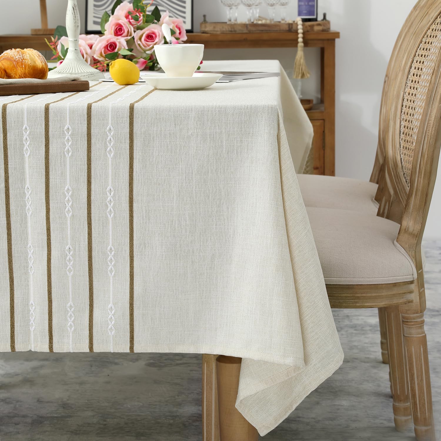 Chassic 60 X 120 Inches Farmhouse Style Linen Tablecloths, Boho 8 Foot Long Wrinkle Resistant Washable Rectangle Table Cloth For