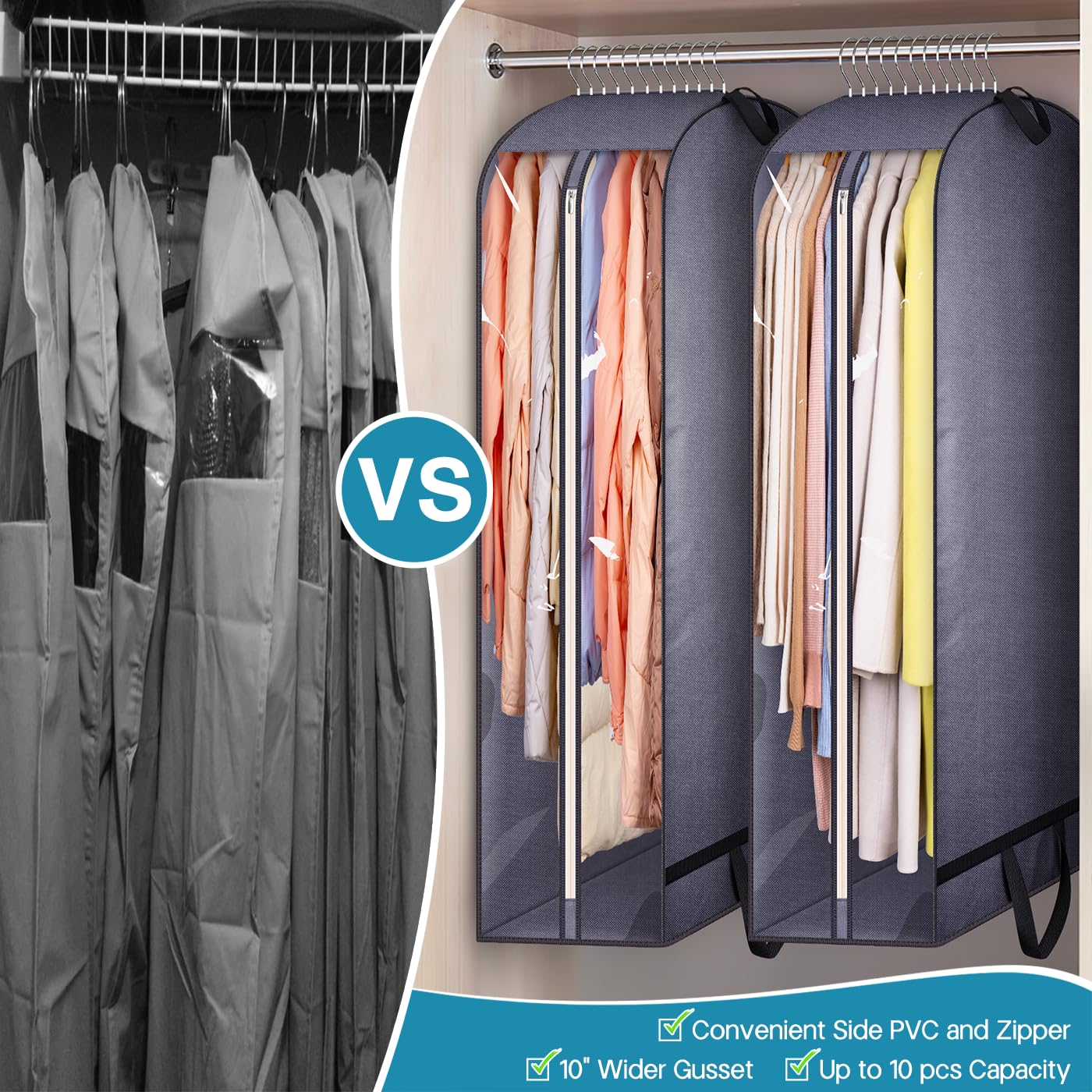 Kimbora 10'' Gusseted Clear Garment Bags For Hanging Clothes Storage, 43'' Suit Bags For Closet Storage With Handles, Garment Co