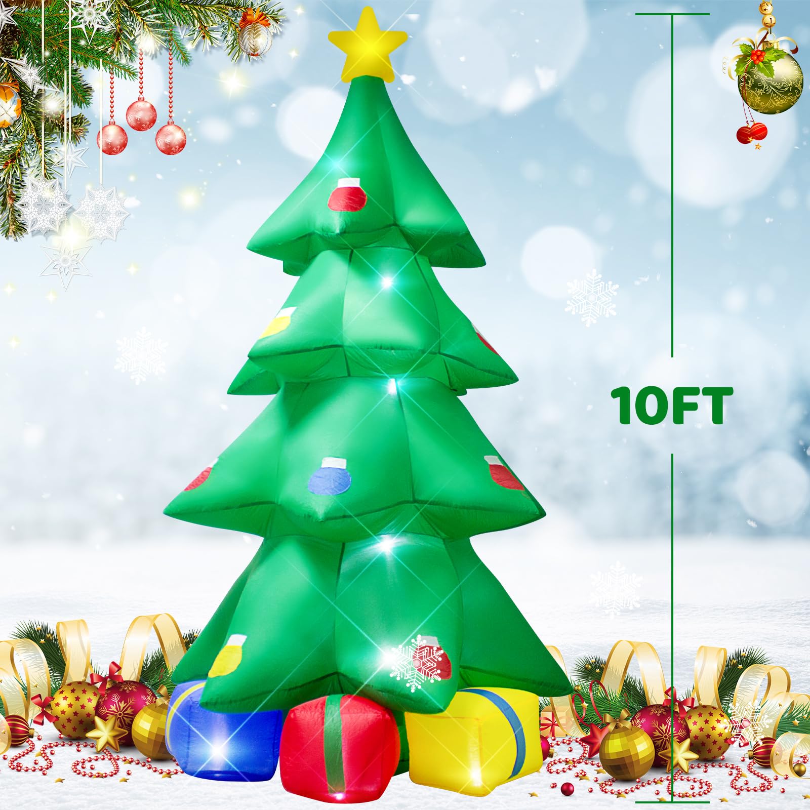 TRMESIA 10ft Christmas Inflatable Tree Gift Box Decoration with LED LED Lights for Party Lawn New Year Blow up Prop Display Indo