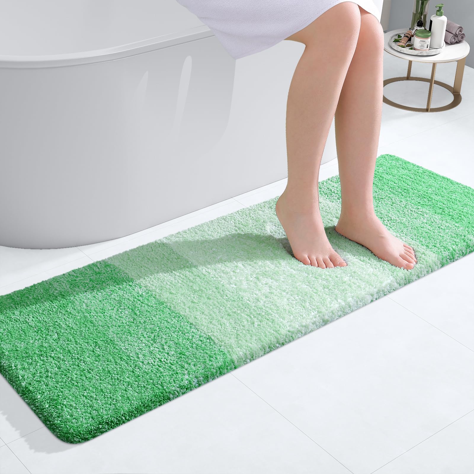 OLANLY Luxury Bathroom Rug Mat 47x17  Extra Soft and Absorbent Microfiber Bath Rugs  Non-Slip Plush Shaggy Bath Carpet Runner  Machine Wash Dry  Bath Mats for Bathroom Floor  Tub and Shower  Green