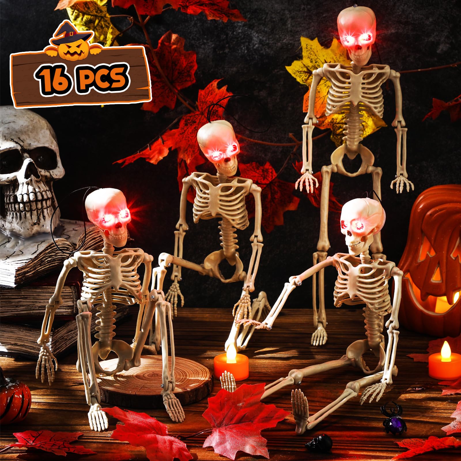 Burbell 16pcs Halloween Skeleton Full Body Posable 16 Small Size Skeleton with LED Glowing Eyes Creepy Sound Realistic Plastic S
