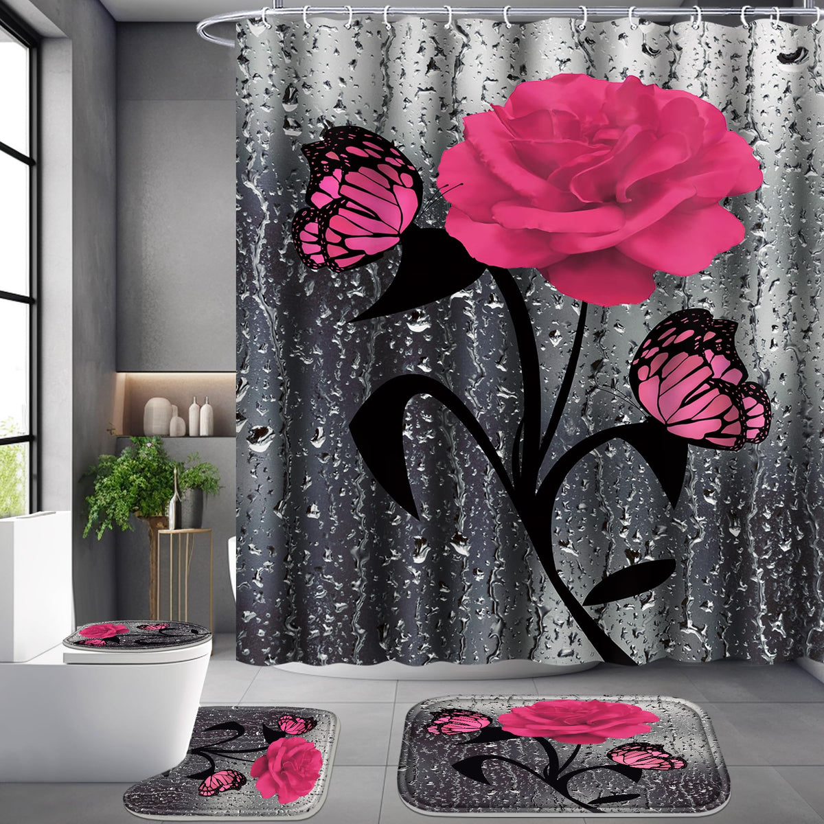 Poedist 4 Pcs Bathroom Set,Pink Rose Shower Curtain Sets, Romantic Shower Curtain Sets With Rugs(Bath Mat,U Shape And Toilet Lid