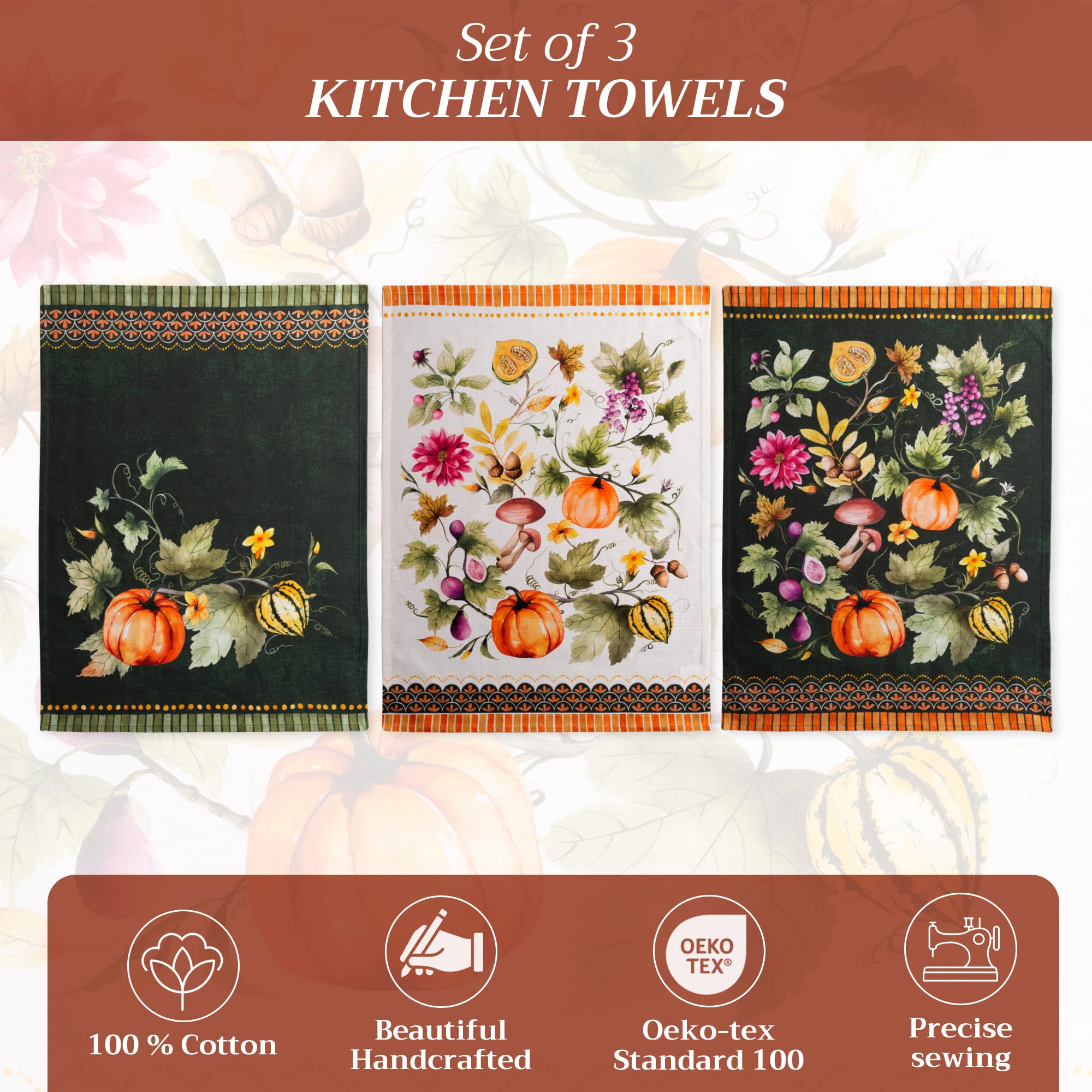 Maison D' Hermine Dishcloth Set Of 3, 100% Cotton Kitchen Towel For Gifts, Kitchen, Party, Wedding, Restaurant & Camping, Pumpki