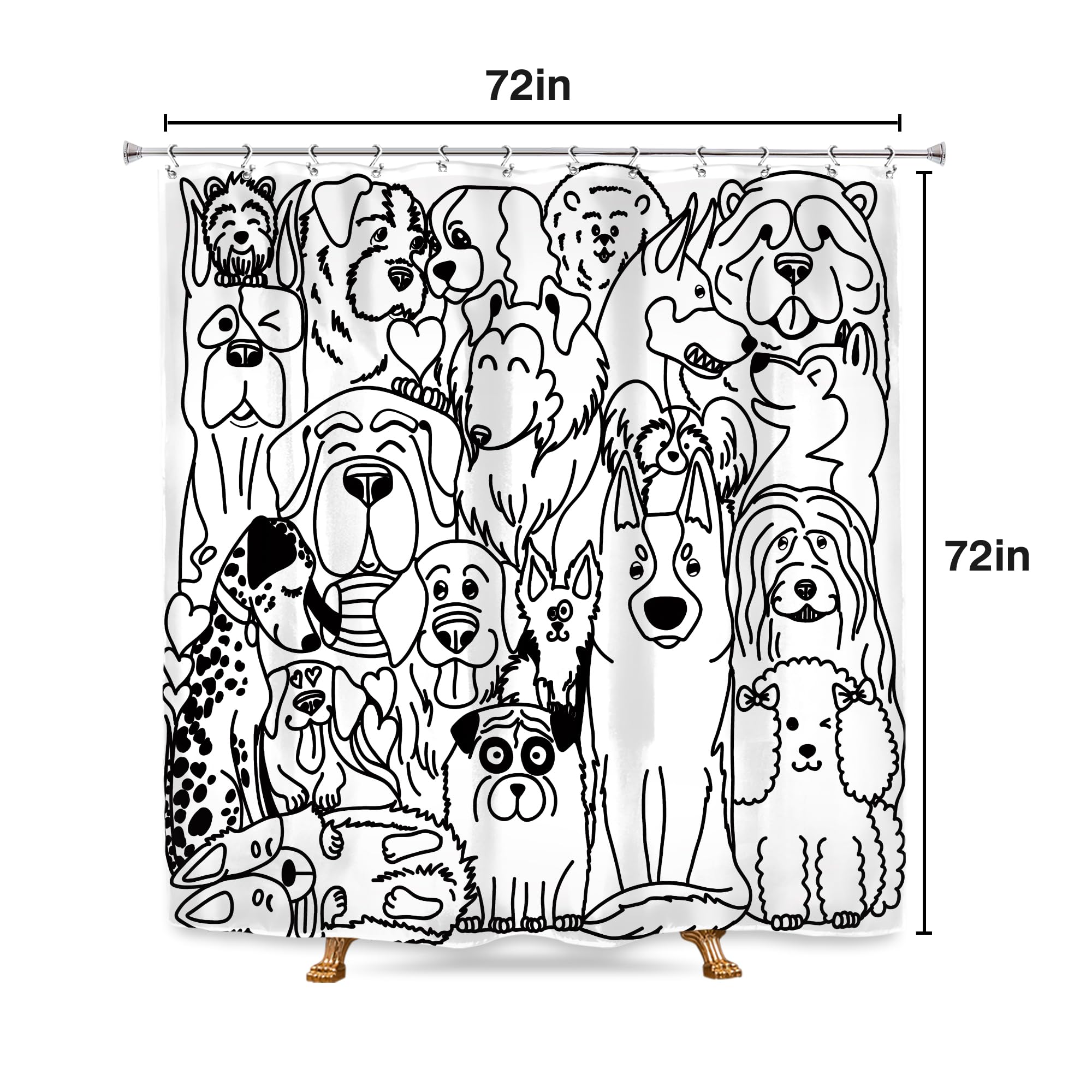 Svbright Funny Cute Dog Shower Curtain 72Wx72L Inch Cartoon Black And White Lovely Animals Silhouette For Kids Kawaii Cool Hilar