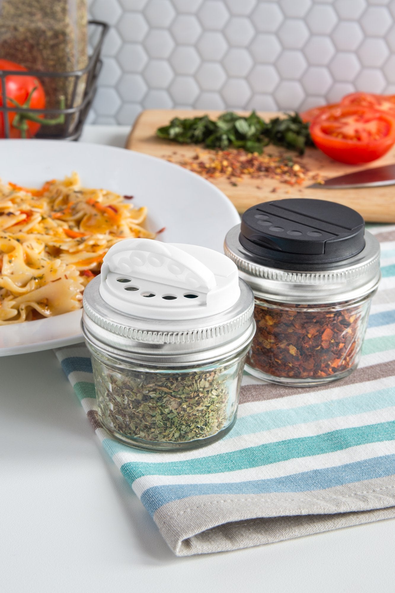 Jarware Spice Lids For Regular Mouth Mason Jars, Set Of 2, Black And White