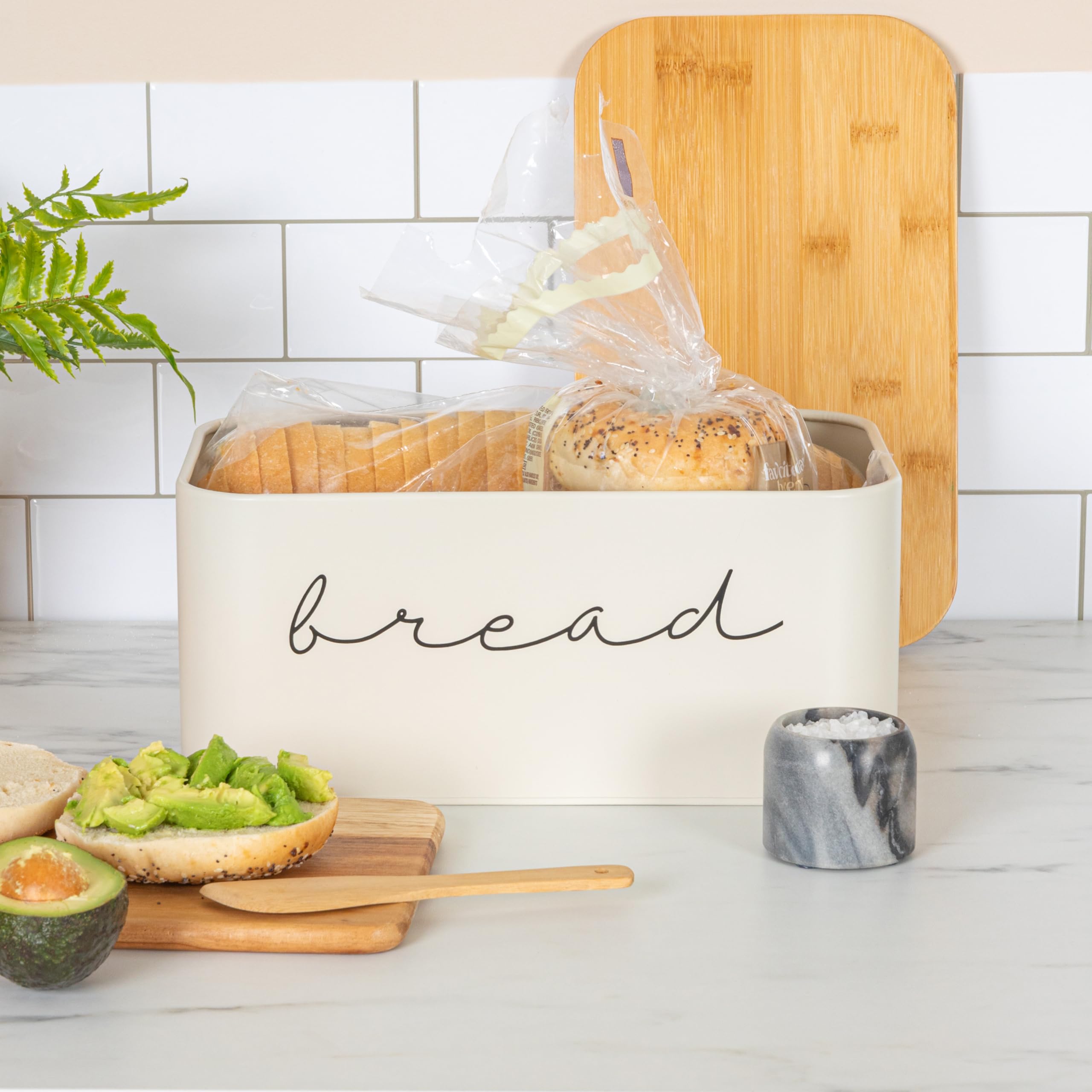 Bloomingville Metal Bin With Bamboo Lid, Cream Bread Box, 11.75'' L X 5.25'' W X 7'' H